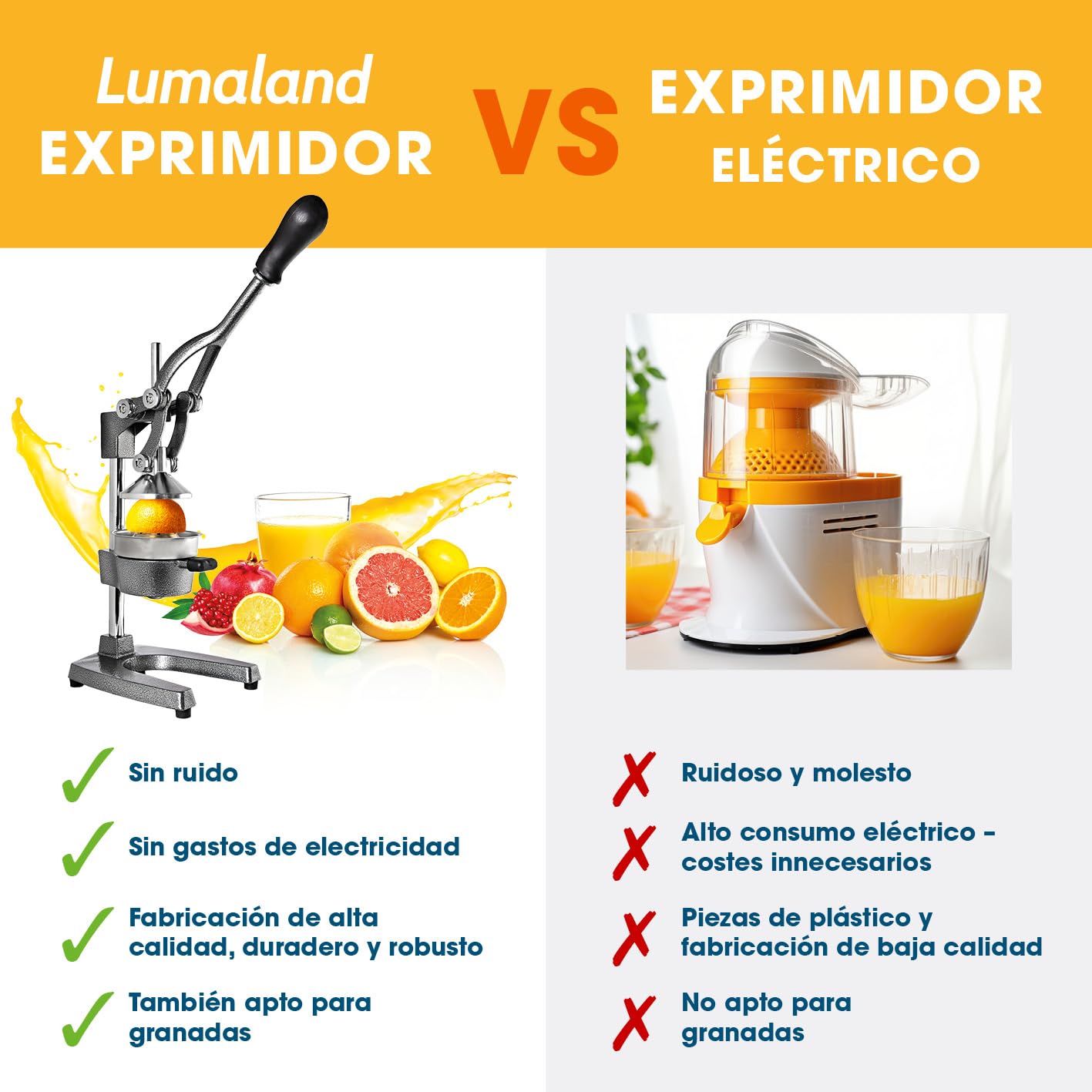 Lumaland Exprimidor manual de acero inoxidable | Exprimidor de cítricos elegante y muy silencioso | Potente para obtener mucho más zumo, simplemente exprima zumos frescos