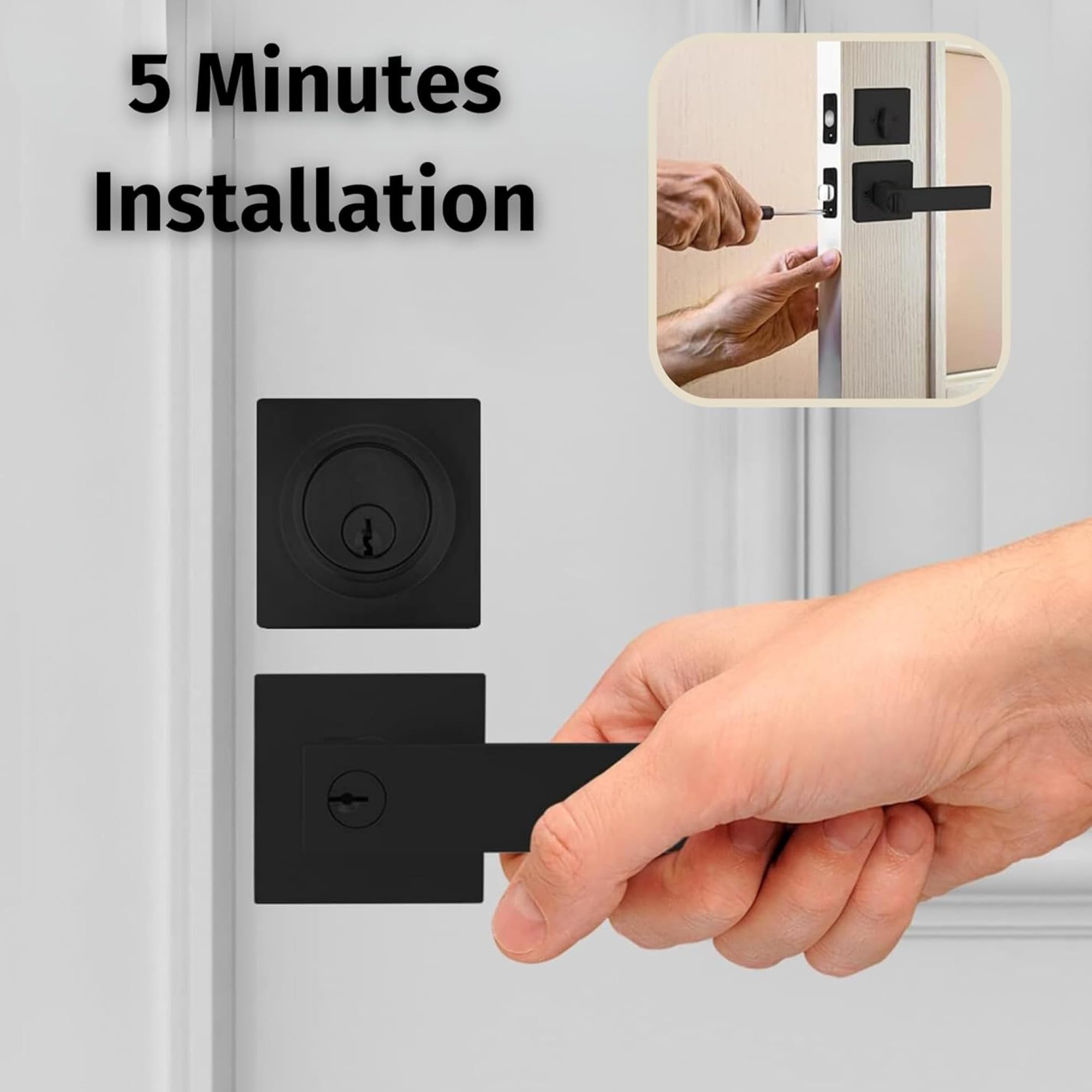 Mega Handles Paquete de 3 manijas de puerta de entrada I y cerradura de cerrojo de un solo cilindro y llave, juego de palancas de bloqueo cuadradas resistentes - Negro mate - Paquete de 3 - Llaves