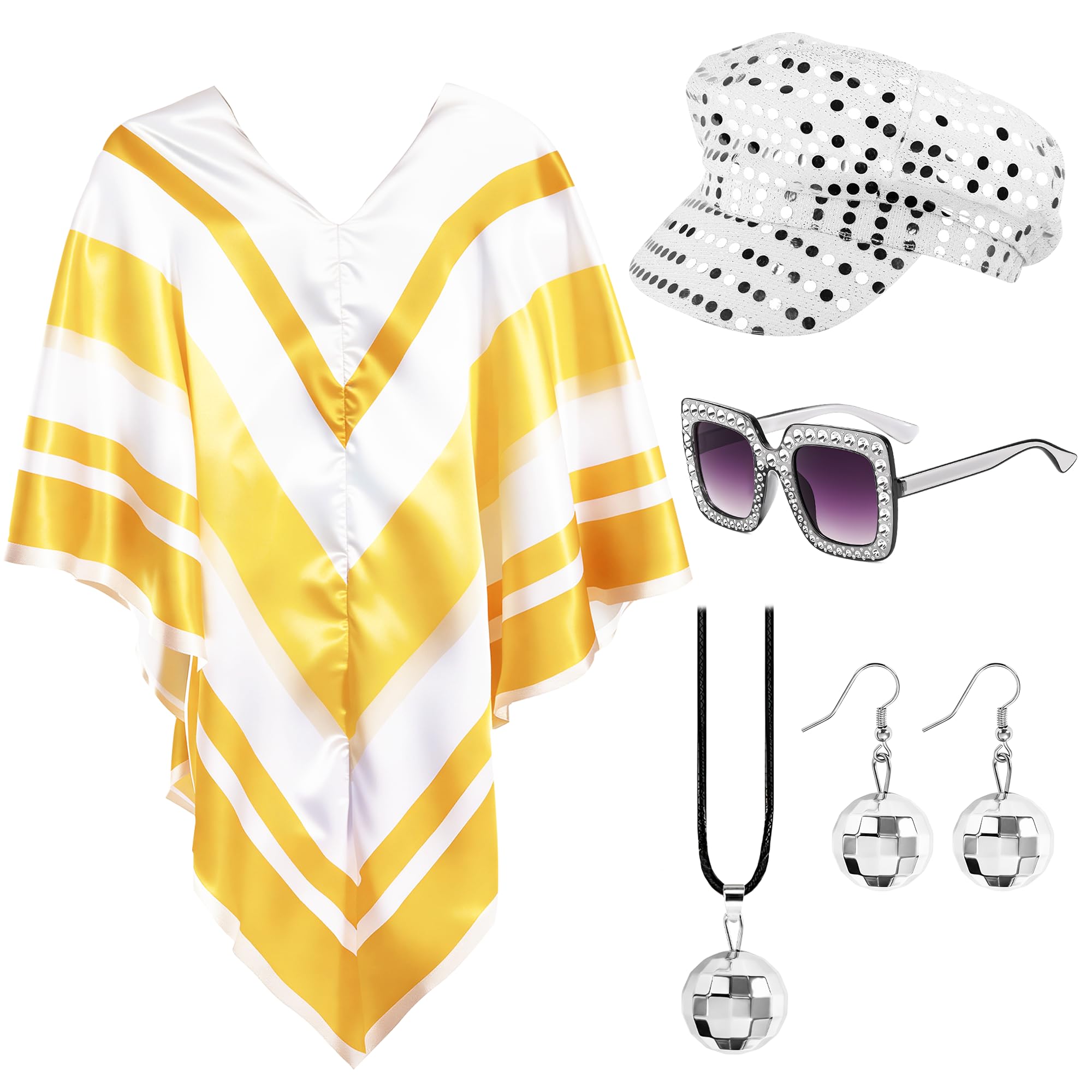 Bryndo 5 Pcs 70s Fancy Dress Set for Women, Disco Costume Accessories with Abba Pop Poncho Sequin Beret Hat Square Bling Sunglasses Earrings Necklace for 70s Theme Party Dress Up (White) — image 1