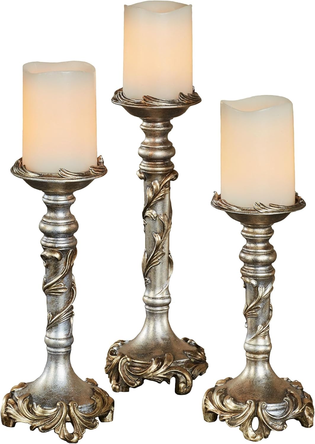 Vina Elegante Victorian Style Candleholders | Silver, Gold | Traditional Centerpiece Decor with Acanthus Leaves Design | Holds Pillar or Taper Candles