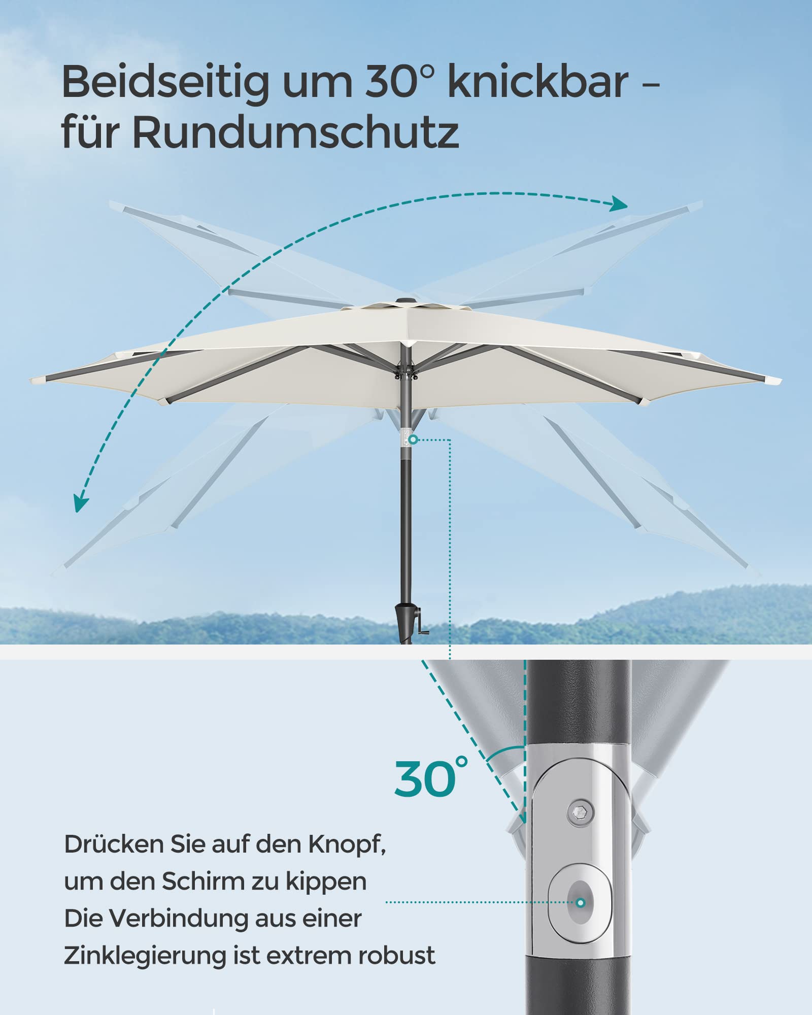 Solar-Terrassenschirm 2,3 M, 6 Rippen, Wasserdicht – Mit Neigungsfunktion & LED-Beleuchtung
