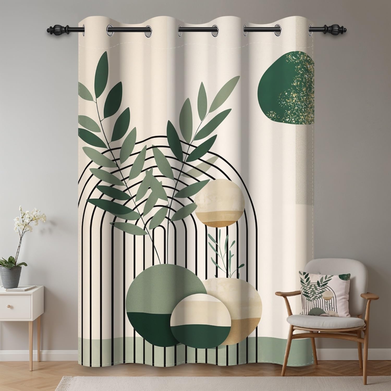 ggaimwf 42"x 63" Abstract Leaf Eyelet Curtain Green Plant Modern Minimalist Boho Geometric Pattern Thermal Grommet Blackout Window Drapes for Bedroom Living Room Dining Room,1-Single Panel - Image 2