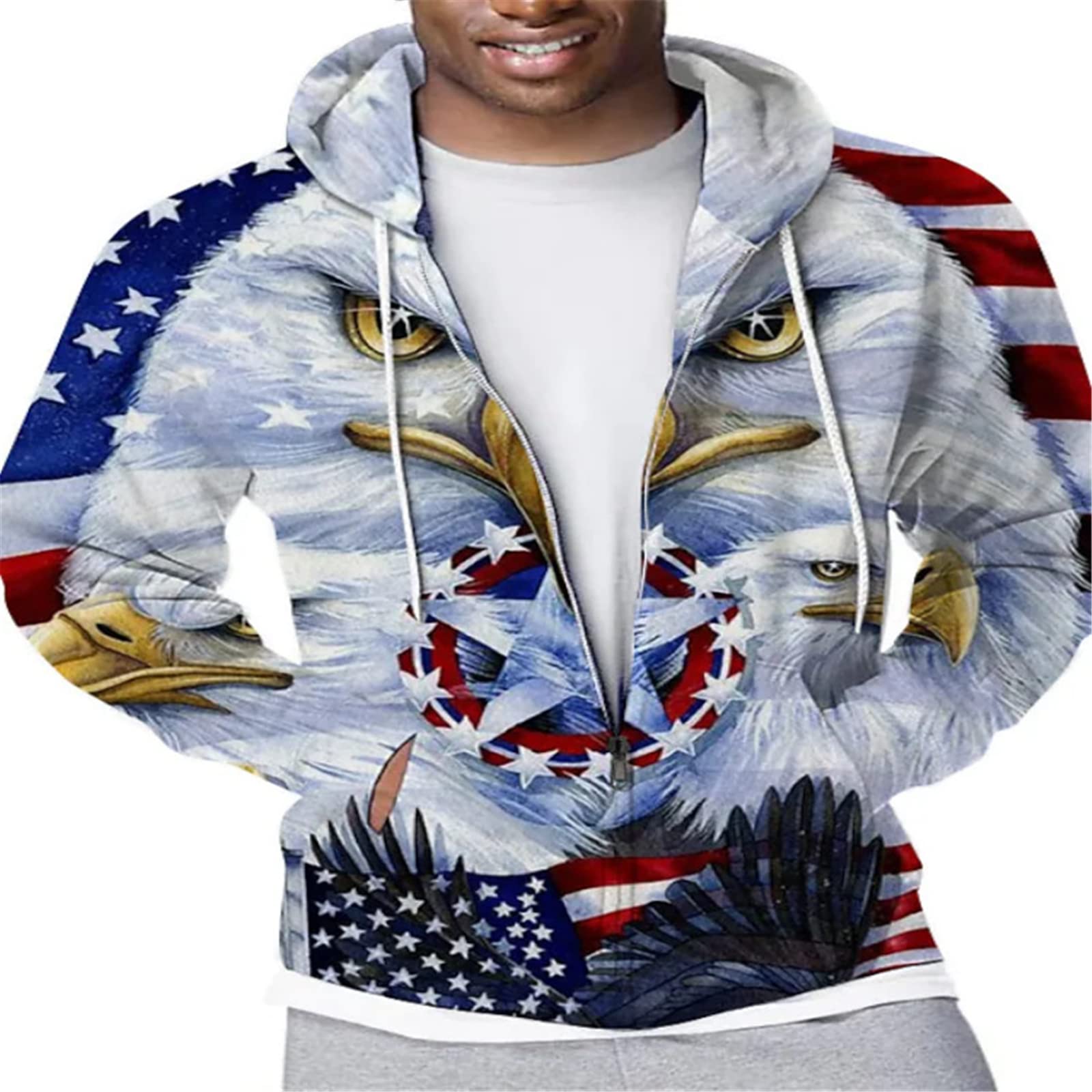 Zipper Hoodies Men's 3D Printing American Flag Eagle Hoodie Casual Long Sleeve Sweatshirts with Pocket