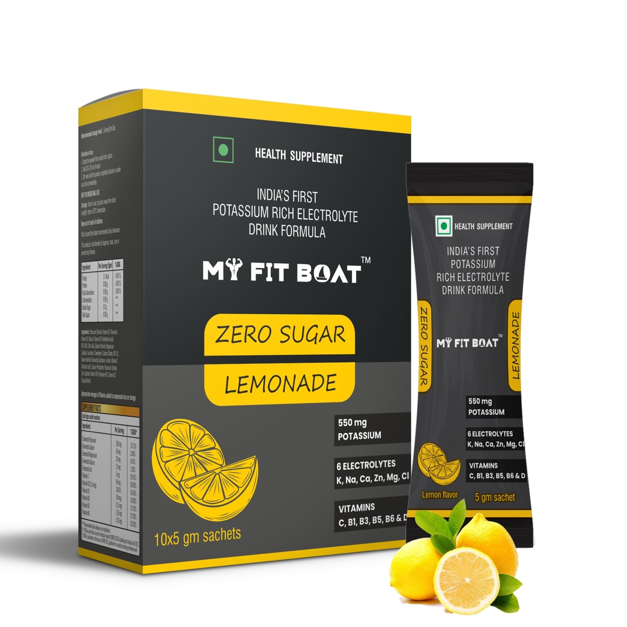 My Fit Boat Electrolytes Powder No Sugar - India's 1st Potassium-Rich Formula | Sugar Free Electrolyte Hydration Powder | Electrolytes + Vitamins | Hydration & Energy Drinks for Workout -Lemon flavor