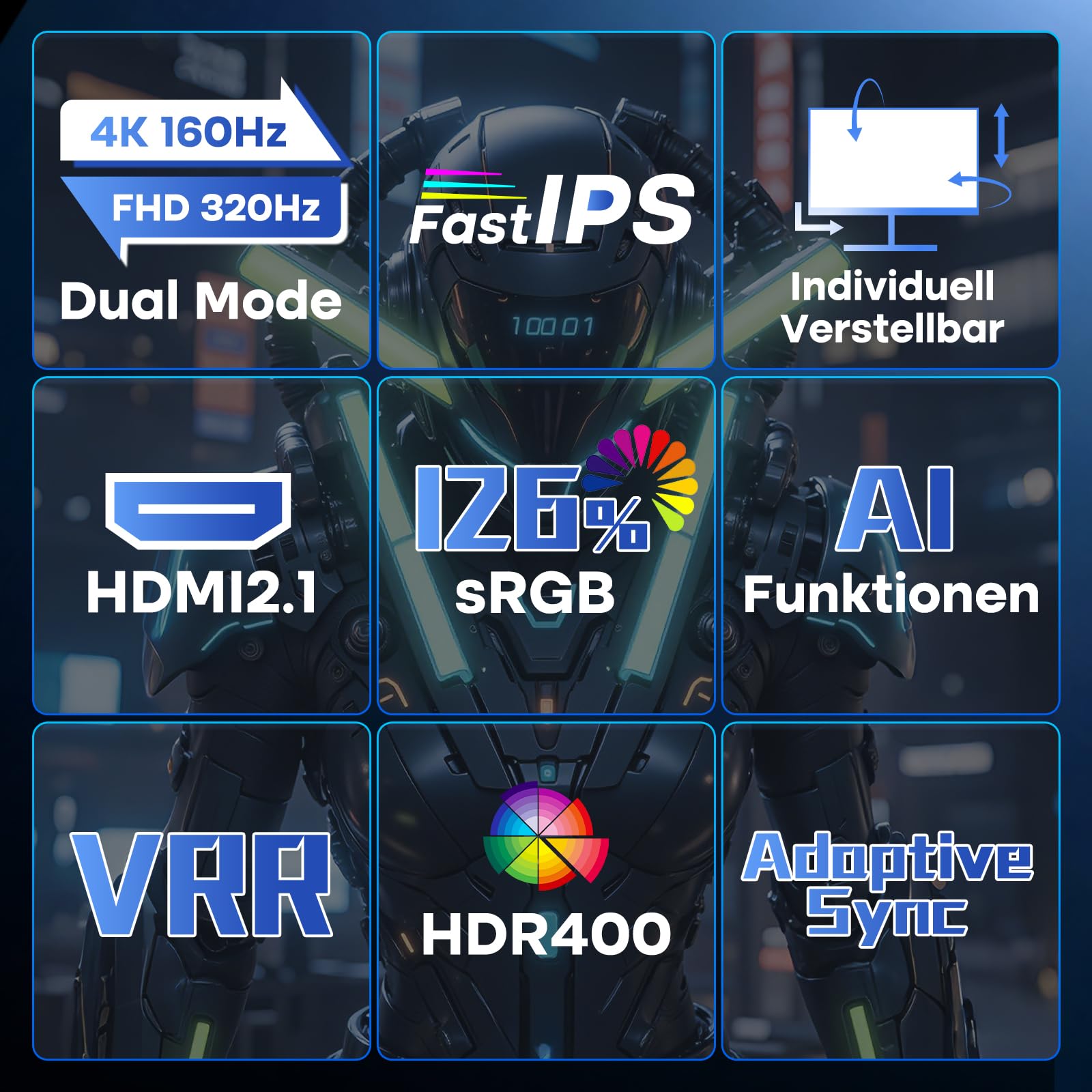 Minifire Monitor de juego 4K de 27": modo dual (UHD 160Hz / FHD 320Hz), 1ms, HDR 400, IPS, Adaptive Sync, Altura ajustable, HDMI 2.1, DP 1.4, altavoz, Pip/PBP (MFG27D1U)