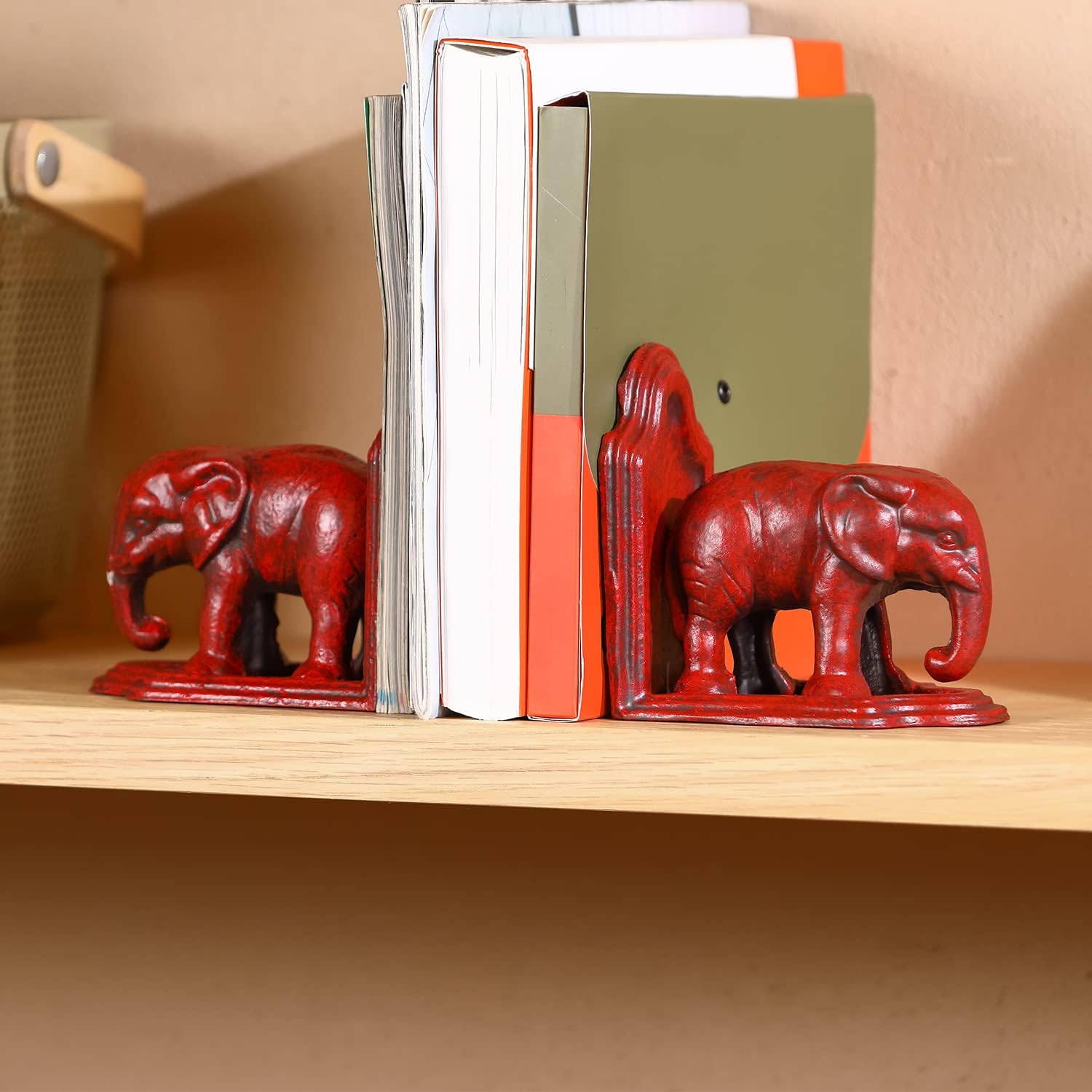 Elephant Bookends for Heavy Books - Solid Cast Iron Metal, Sturdy Book Holder for Shelves, Desk, Office & Home Library Decor, 4.5 Inch, Antique Red