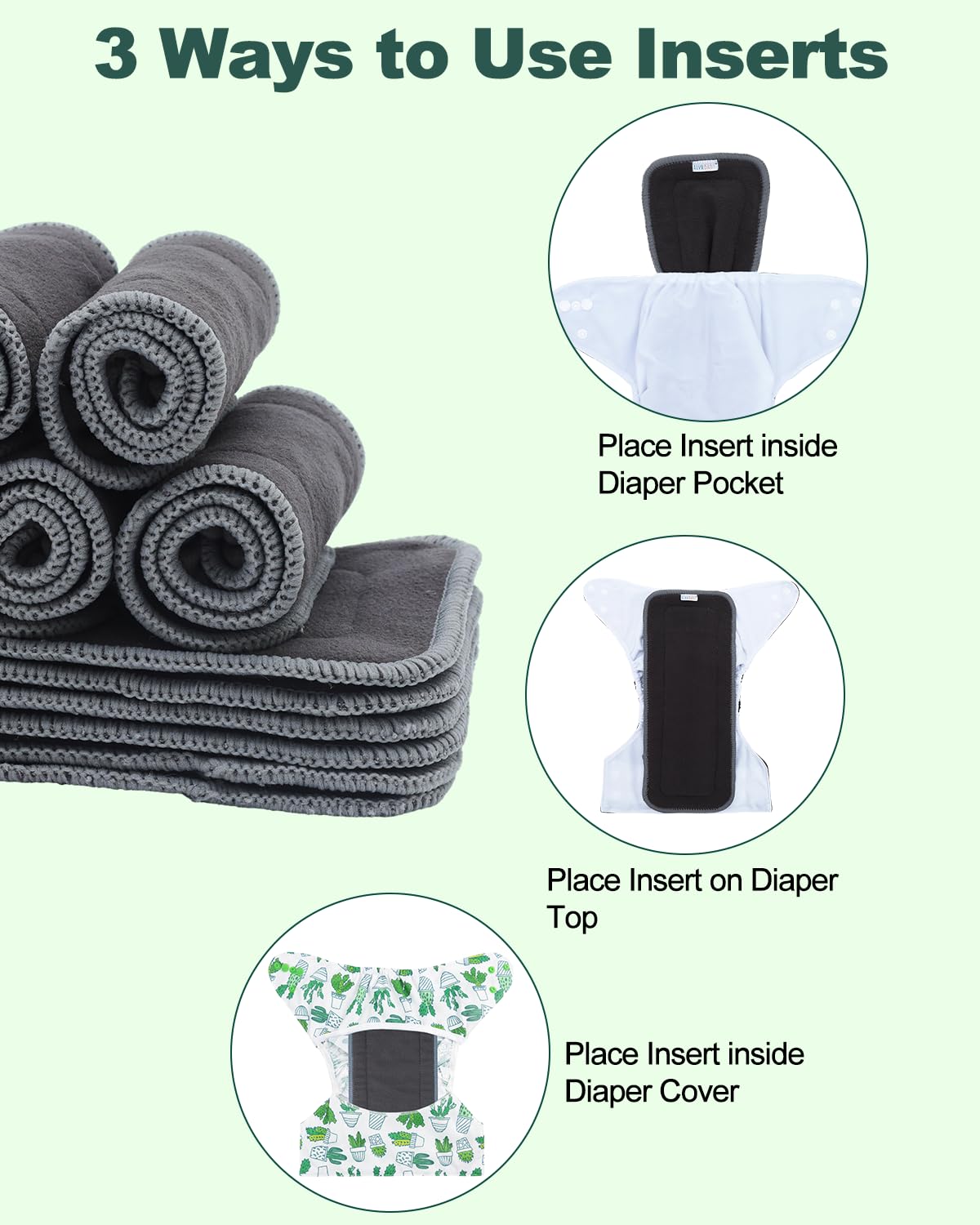 Babygoal Baby 5-Layer Charcoal Rayon from Bamboo Reusable Liners for Cloth Diapers Nappies,Pack of 12 Inserts,12ZTN