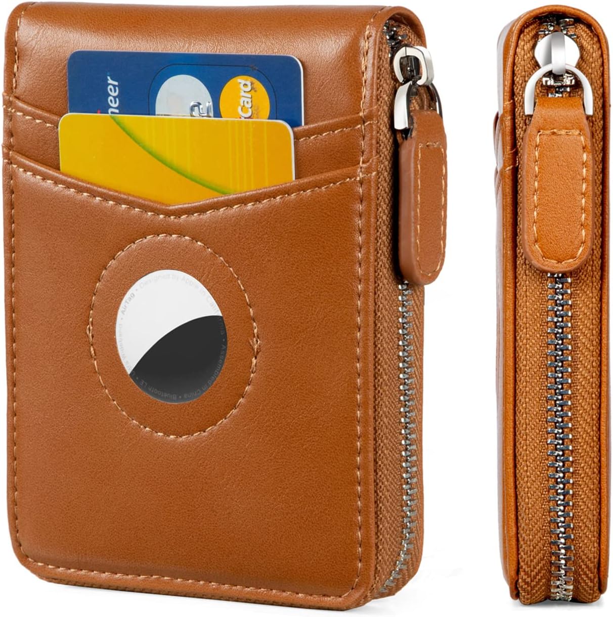 Huztencor AirTag Wallet, Mens Wallet Zipper RFID Slim Leather RFID Credit Card Wallet with Built-in Case Holder for Apple AirTag Oil Brown