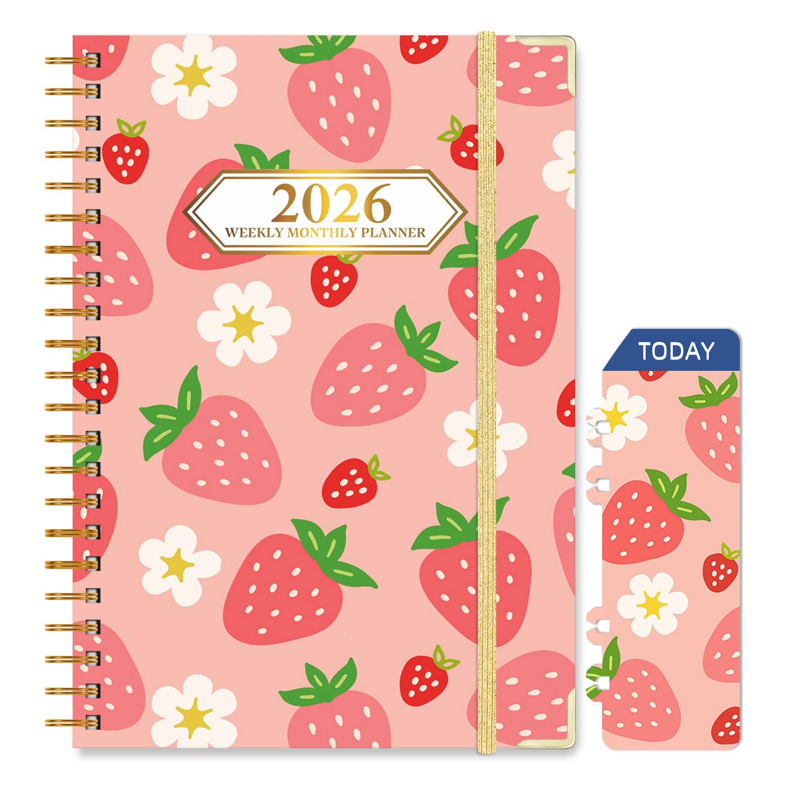 Knagsfa 2026 Planner, Jan.2026 - Dec.2026 Planner Weekly and Monthly 6.25"x8.5" with with Page Tabs, Calendar Hardcover with Inner Pocket, Elastic Band, Twin-Wire Binding, Bookmark, Strawberry Flower