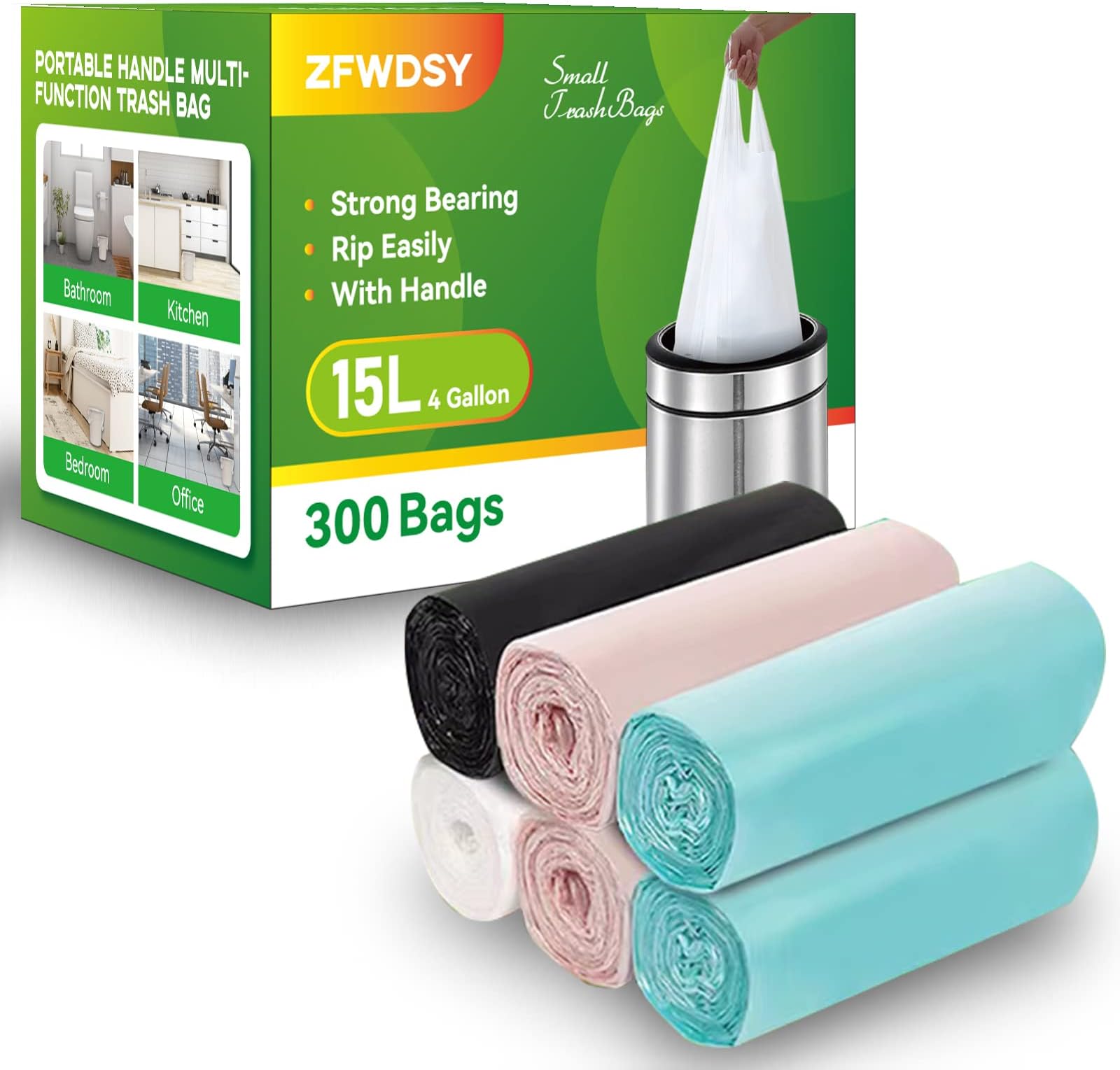 Small Trash Bags Handle 300 Counts 4 Gallon Garbage Can Liner For Home Office Kitchen Bathroom Plastic Bins Bags 15 Liters