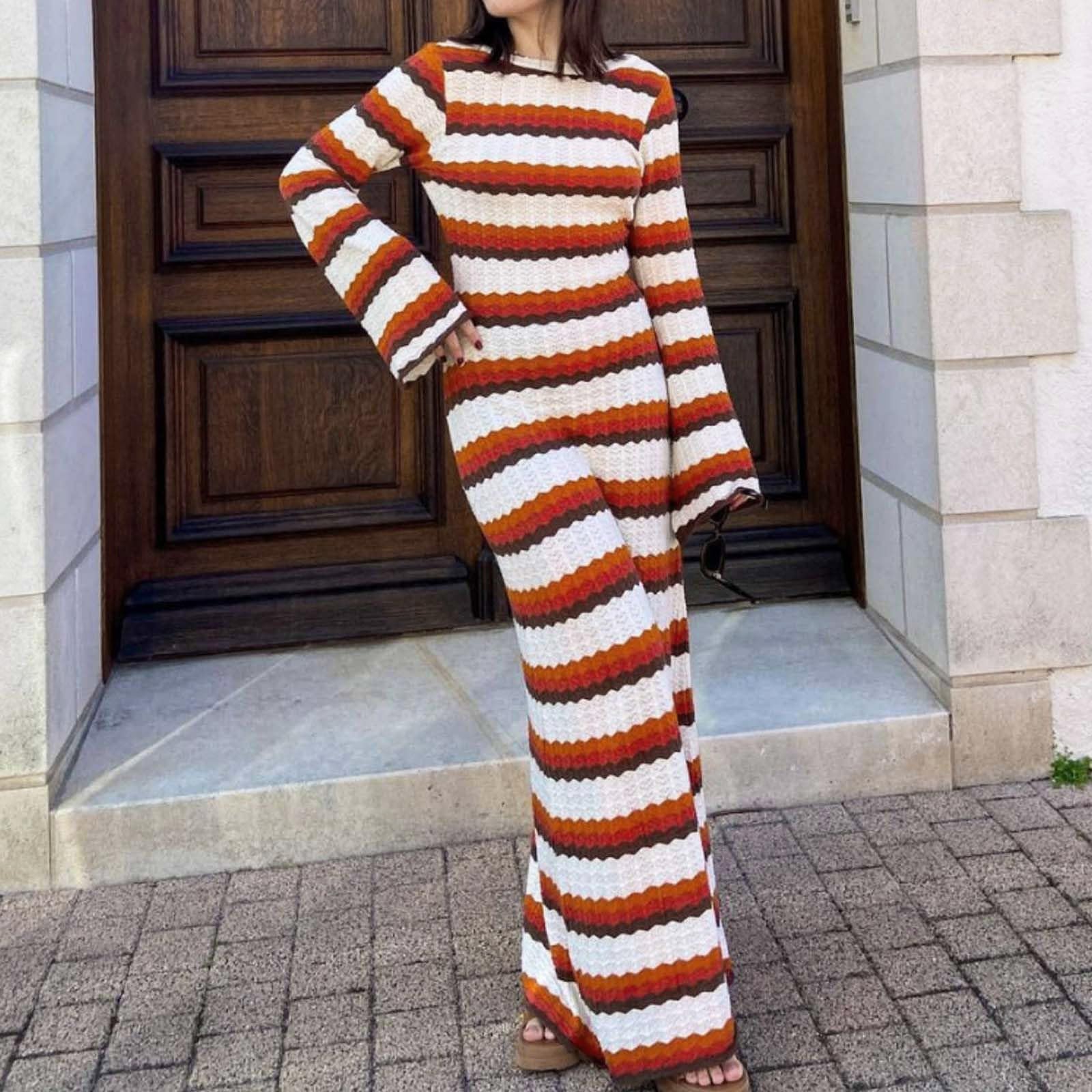Abito lungo sexy da donna a righe a contrasto in spiaggia vacanza lavorato a maglia scava fuori