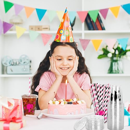 Miniatura 5 de Whaline 50 vasos de plástico desechables para niñas con tapas y pajitas de 12 onzas con temática de princesa negra y rosa para fiestas temáticas de
