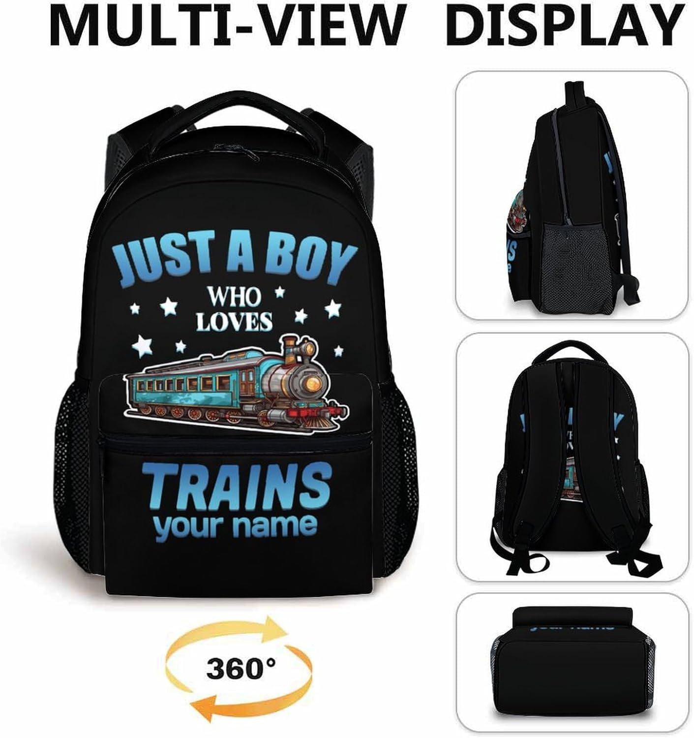 Personalized Kids School Backpack for Boys, 17" Black Train Backpacks for Elementary, Cool Pattern Large Capacity Bookbag for Travel