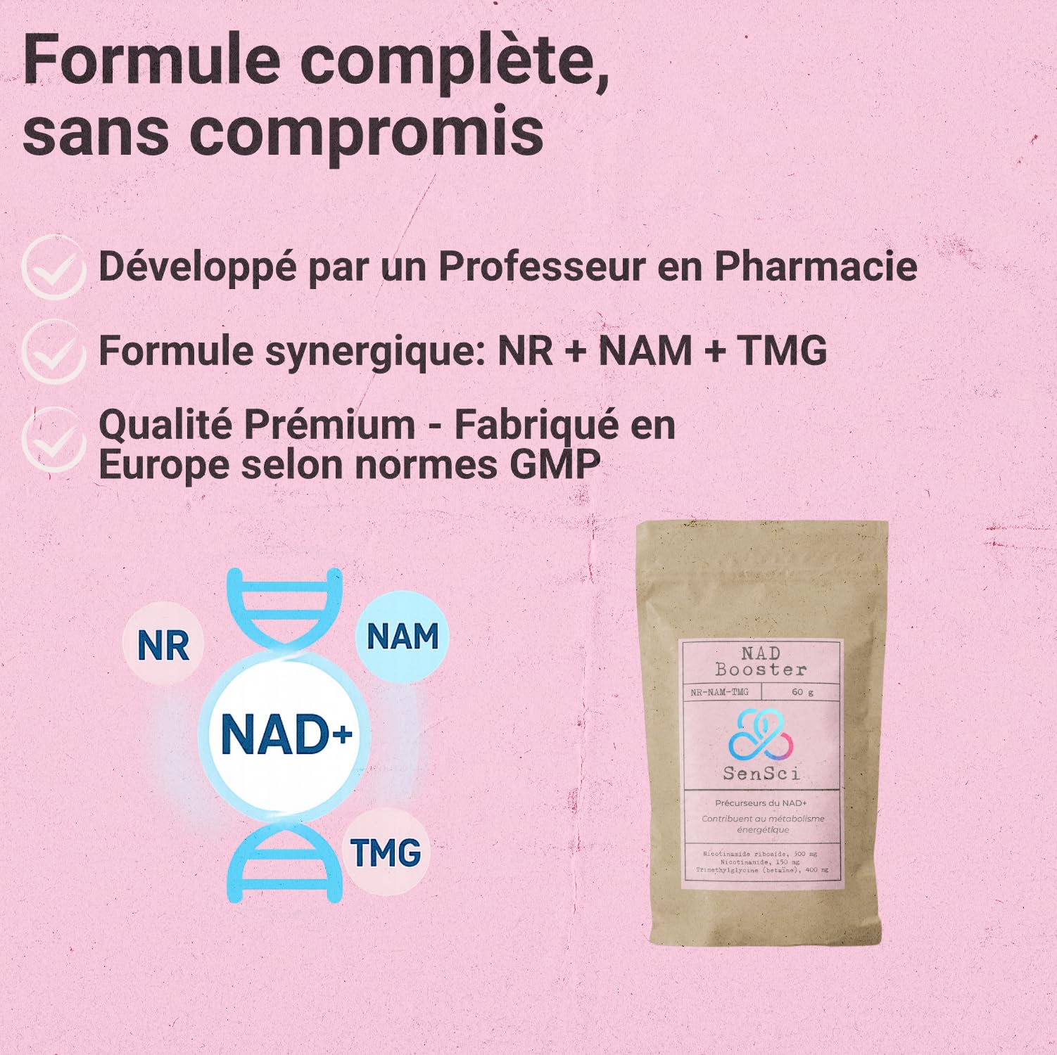 NAD+ Booster 60 jours | Nicotinamide Riboside NR + Nicotinamide + TMG | Énergie cellulaire & vitalité | Formulé par expert scientifique | 60 doses