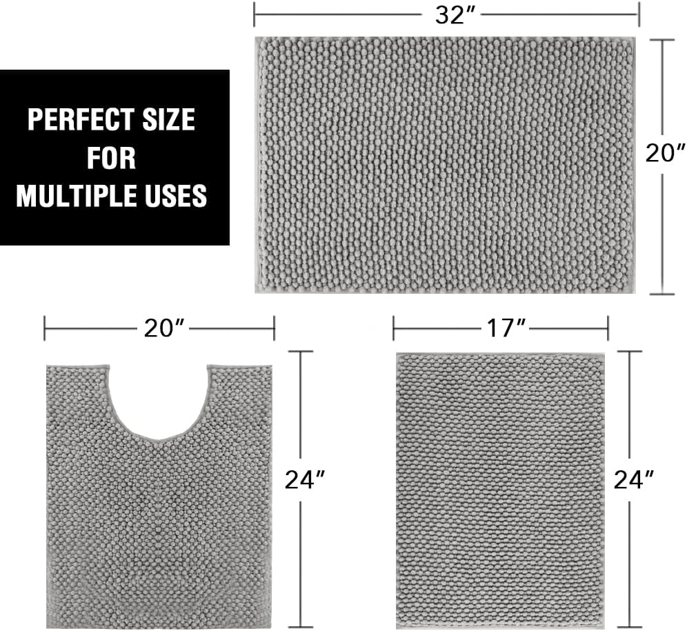 H.VERSAILTEX 3 Pieces Bathroom Rugs Sets Non Slip Extra Absorbent Bath Mat Set for Bathroom with Toilet Rugs for Tub, Shower Washable Carpets Set(17''x24''+20''x32''+20''x24'' U-Shaped, Dove)