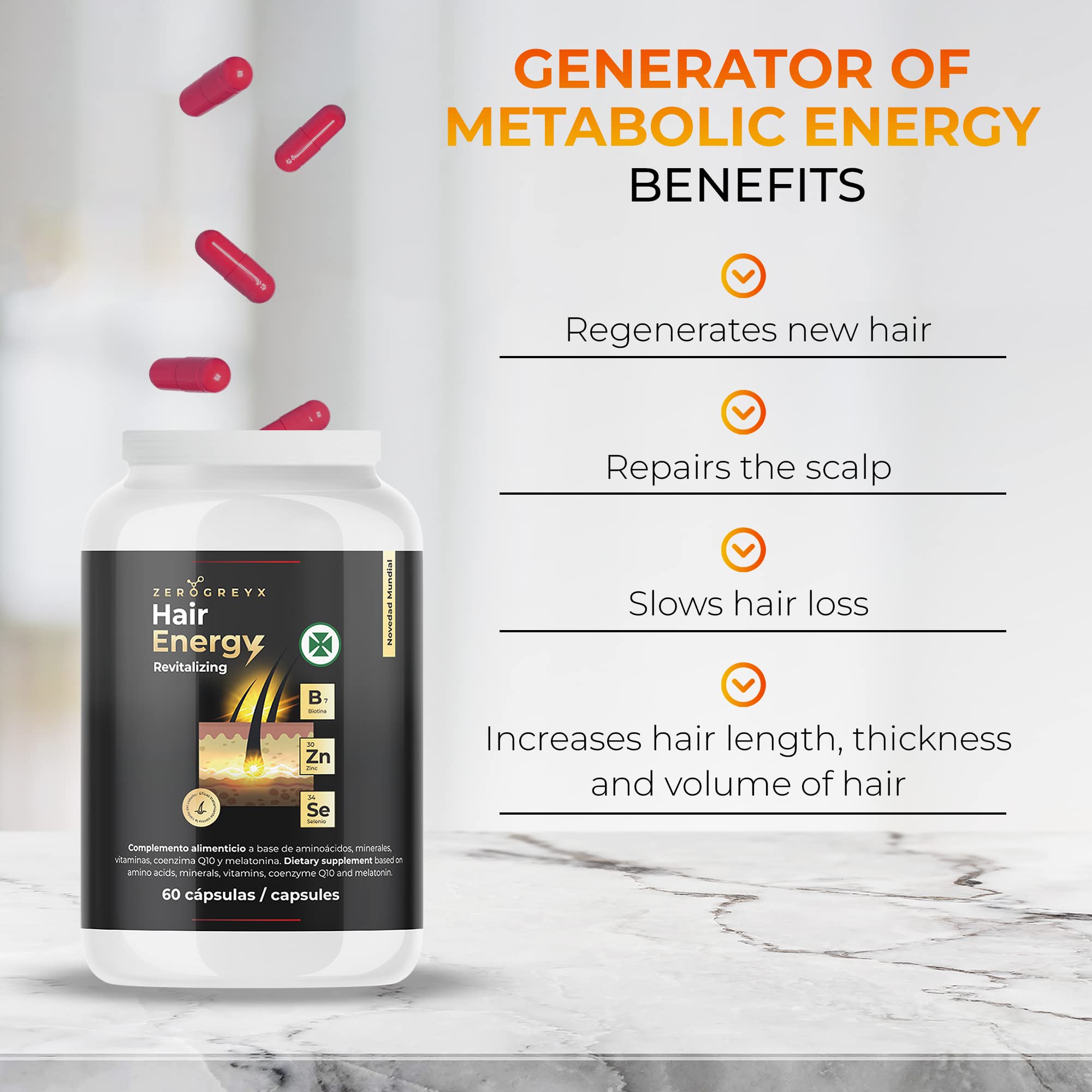 Vitaminas para el cabello, crecimiento de cabello fuerte y sano. Cápsulas crecimiento cabello. HAIR ENERGY, nuevo complejo vitamínico generador energía capilar. 60 cápsulas. Post trasplante capilar.