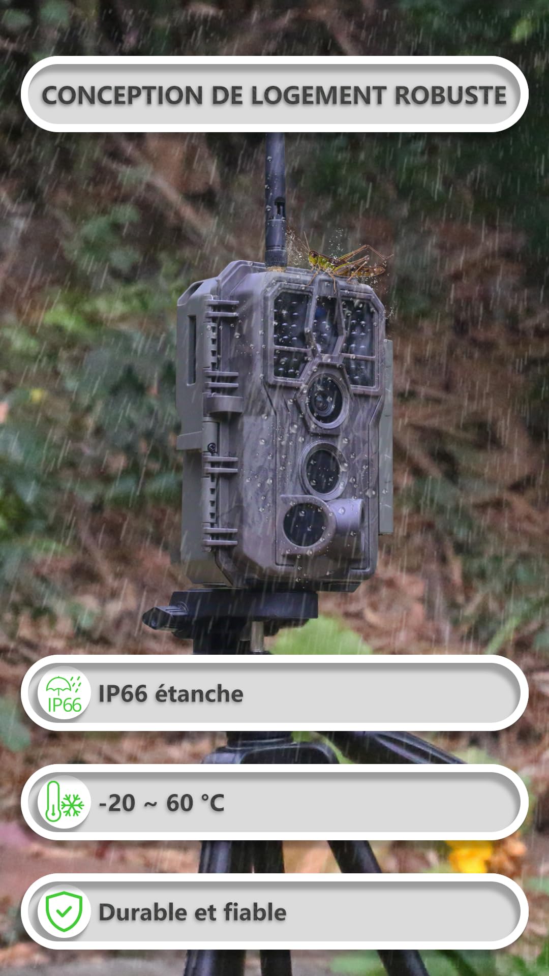 GardePro E8P Max Caméra de Chasse, WiFi, Batterie Rechargeable 8000 mAh, Carte SD Intégrée, 64MP 1296P, Caméra E8PMB No Glow Infrarouge Vision Nocturne