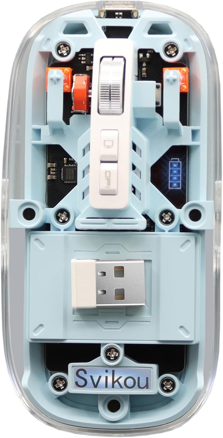 BT 5.1 & 2.4G Transparent minimus LED Slim Type-C Uppladdningsbar tyst mus med en kraftdisplay Demontering Magnetisk ytkåpa Tyst mus för PC, bärbar dator, skrivbord, telefon (blå)
