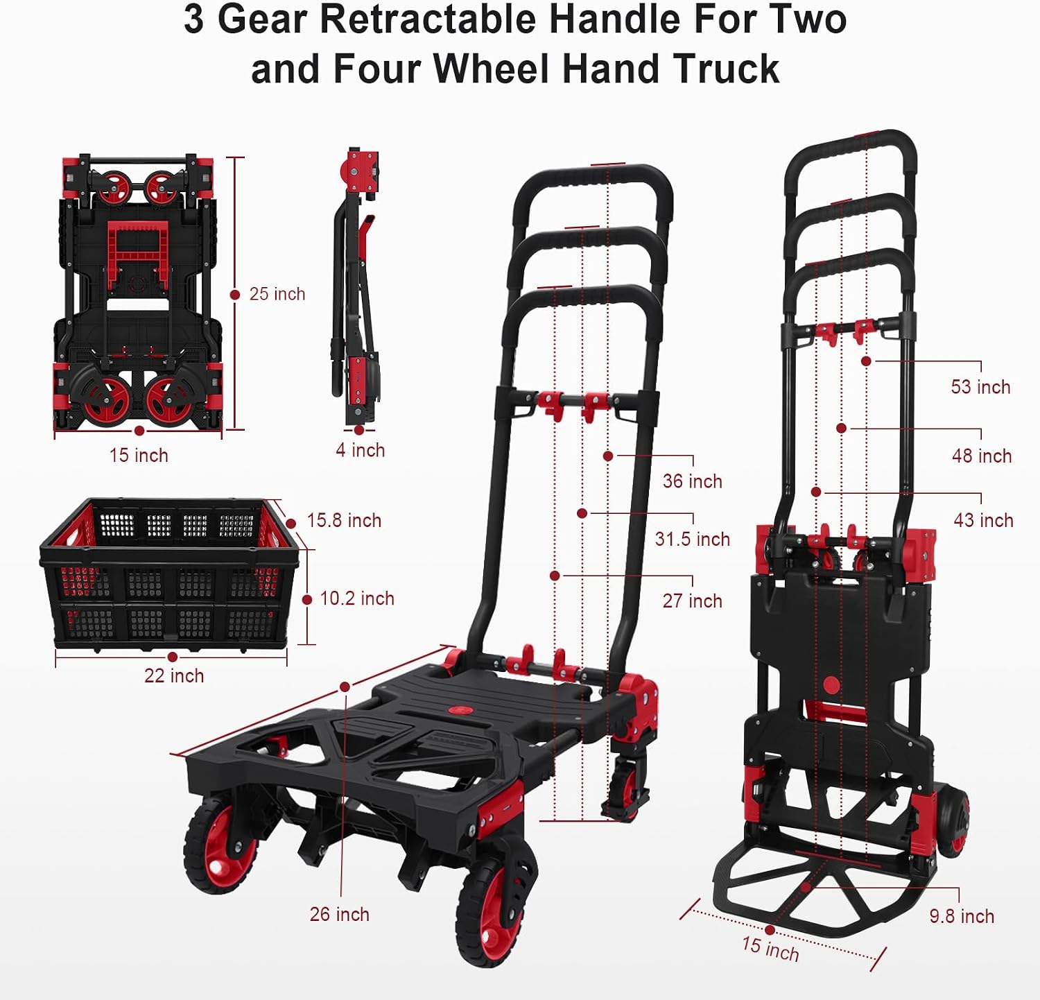 2 in 1 Hand Truck Dolly with Folding Basket,Folding Hand Truck Heavy Duty 330lbs Capacity,Foldable Hand Trcuk with Retractable Handle and Rubber Wheels,Portable Dolly with Bungee Cords for Moving