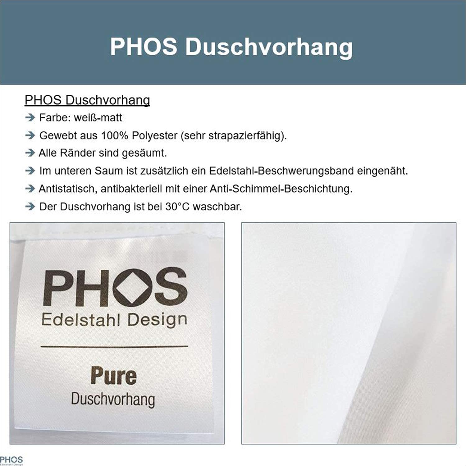 Duschvorhang Pure, 200x200 cm, matt weiß, antibakteriell, Anti-Schimmel-Beschichtung, waschbar, Anti-statisch, 2x2 m, hochwertig, Premium - PHOS Design