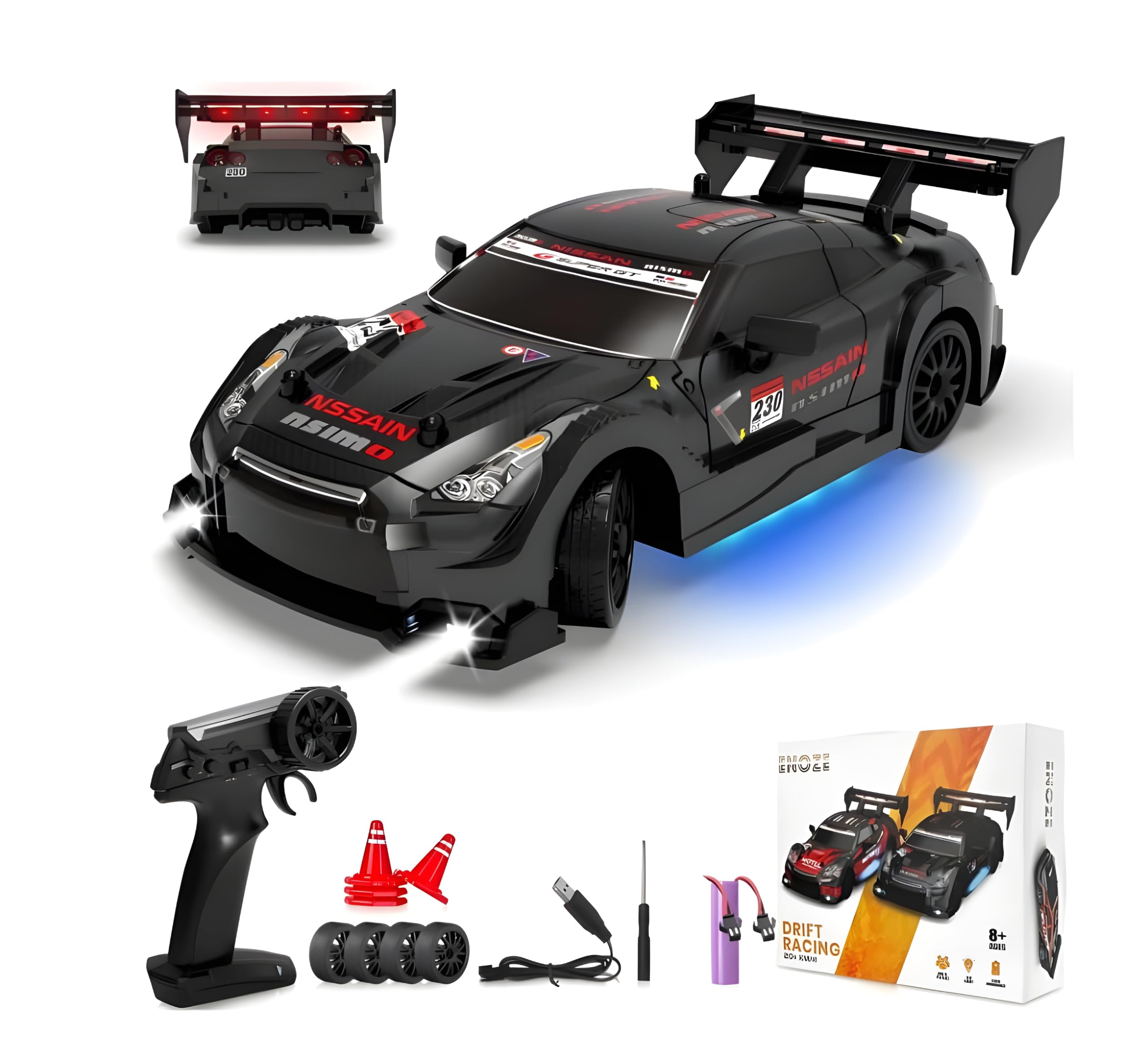 FLYTEK RC Drift Car 4x4, Remote Control Racing Car with LED Lights, Spare Tyres and Traffic Cones, Red, Ages 8+ (Black)-image-42