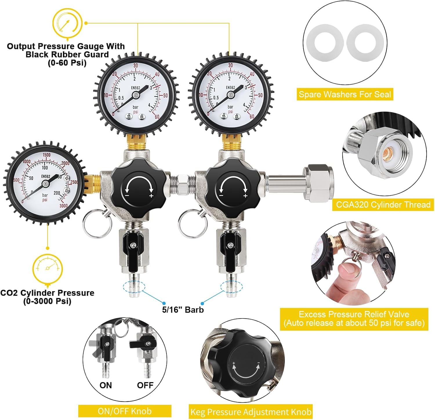 CO2 Regulator for Dual Tap Kegerator Draft Beer Tower Dispenser, Dual Keg Regulator CO2 Beer Pressure Regulator 0-60psi,CGA-320 CO2 Tank Regulator Gas Regulator 0-3000psi,Kegerator C02 Regulator Gauge Primarily CO2 Regulator - 2 Output Dual Output