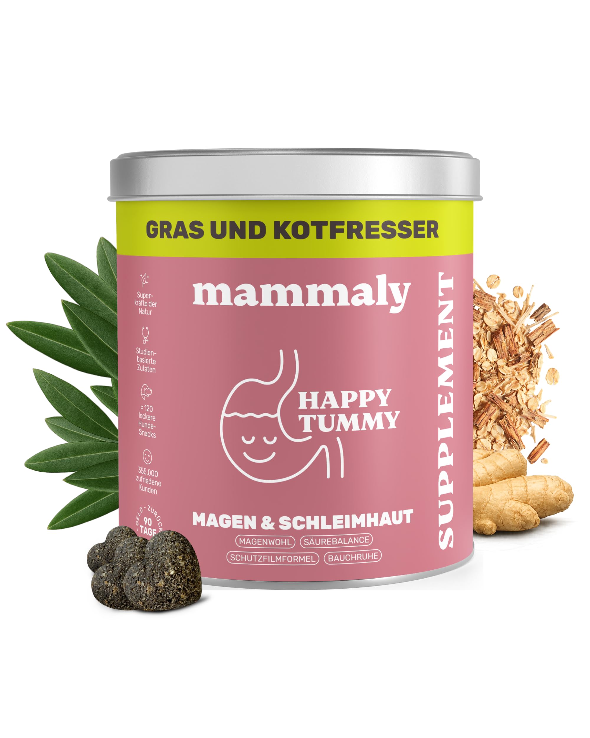 11-in-1 Gras und Kotfresser Drops Hund - Happy Tummy 120 Snacks (350g) von mammaly - Gegen Kot und Grasfressen für Hunde - Unterstützt bei Sodbrennen den Magen & Darm - Mit Ulmenrinde, Probiotika, ...