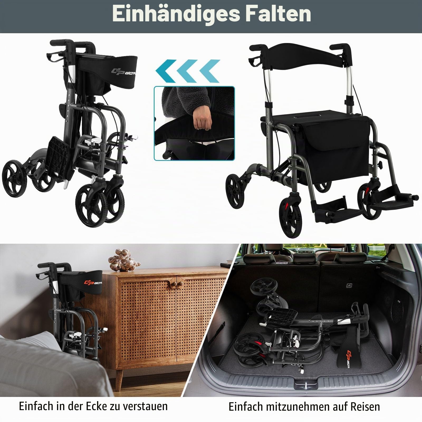 HOMASIS 2 in 1 Rollstuhl Rollator faltbar & leicht mit Sitz, Gehhilfe 6-fach höhenverstellbar, Alu Gehwagen mit Fußstützen, bis 136 kg, Reiserollator Laufhilfe mit Stockhalter & Tasche (Schwarz)
