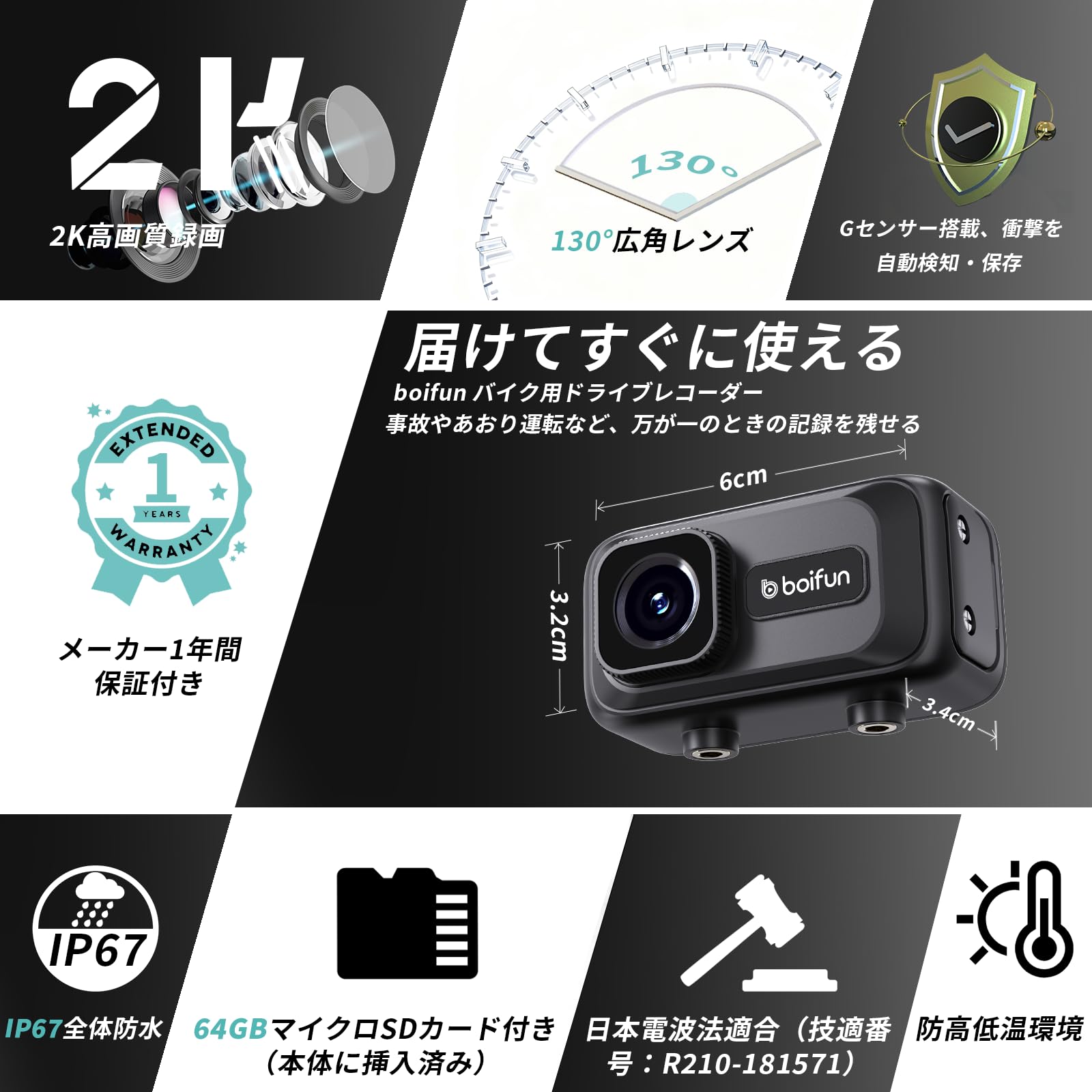 Amazon.co.jp: 【自転車用とバイクドラレコ】BOIFUN 2K録画（400万