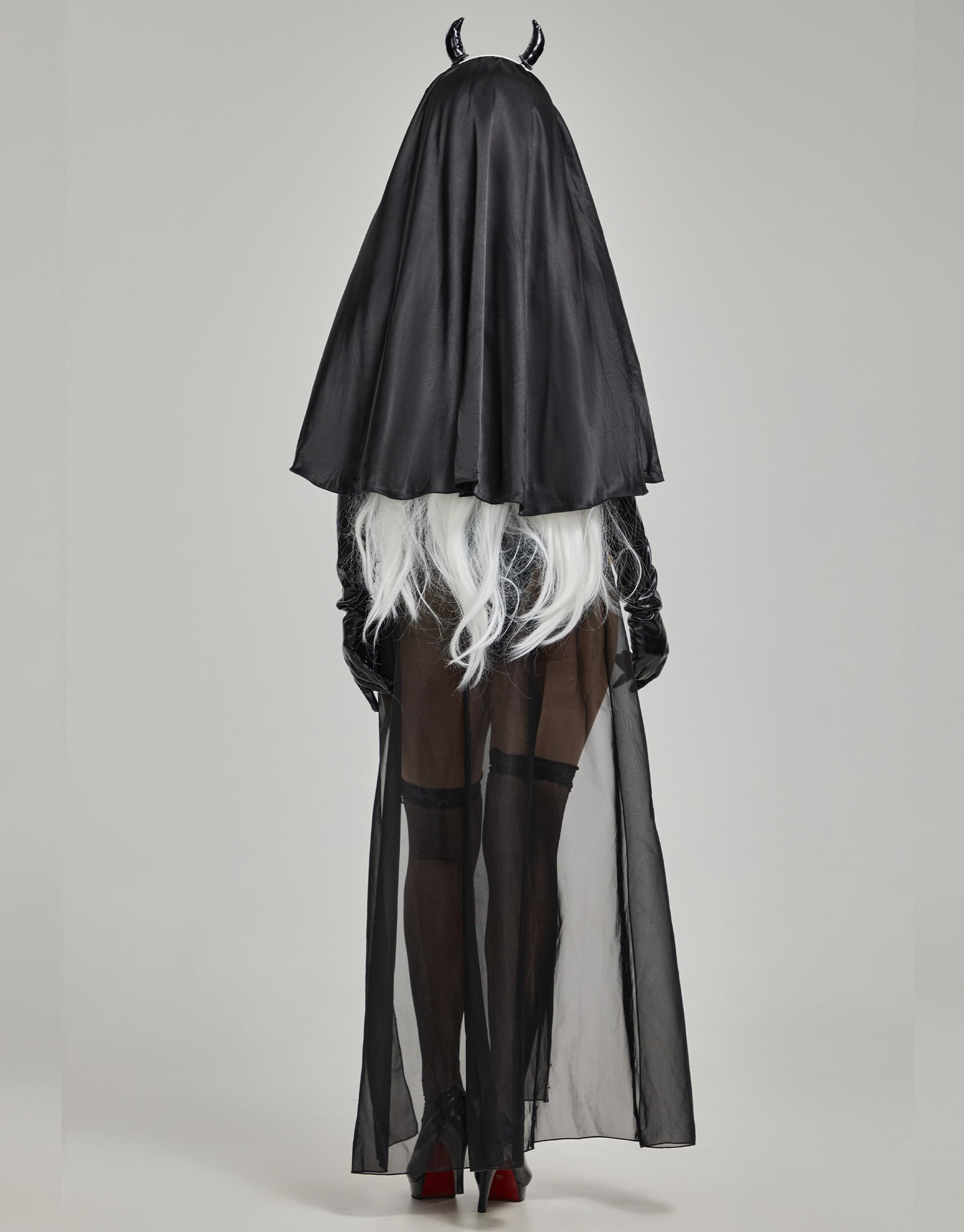 MEOWCOS Women's Nun Costume Halloween Cosplay Gothic Wicked Nun Uniform Mesh Dress with Gloves Pantyhose: Black Large