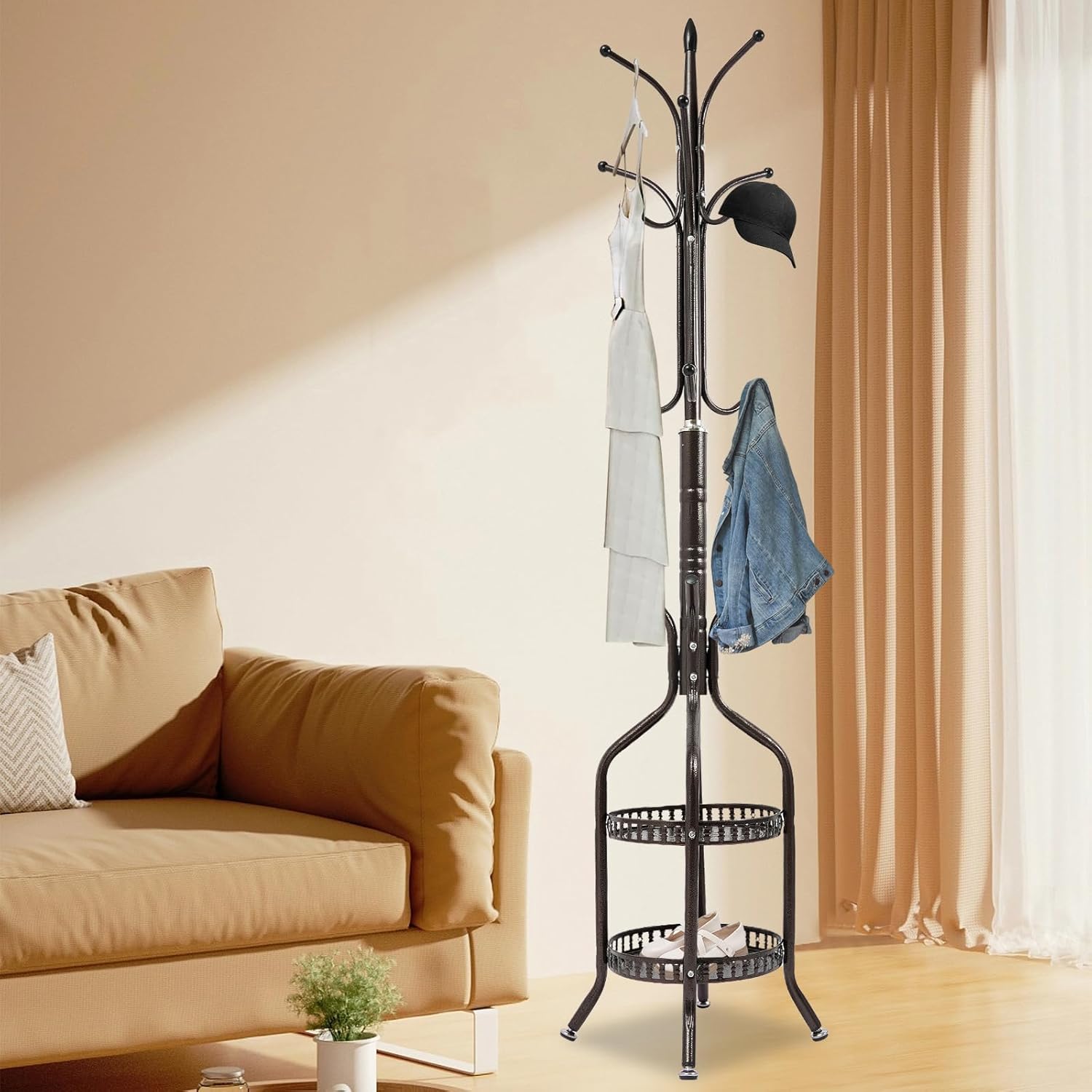Metal Coat Rack Stand Freestanding Hat Hall Tree Clothes Rack Holder Modern Clothing Garment Hanger Stand with Double Layer Storage Basket and Hooks for Hanging Scarf Bag for Entryway Bedroom (Bronze)
