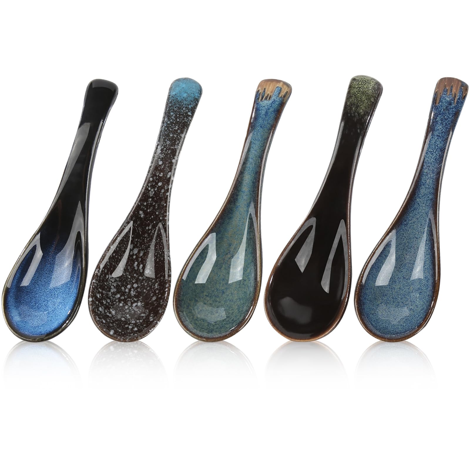 5 Stück Asiatische Suppenlöffel Set,Japanische Art-Blaue Keramik Suppenlöffel,Retro Ramen-Löffel im,Chinesischer Löffel für Suppen,Knödel und Getreide Eintöpfe,Ideal für den Haushalt und das Esszimmer