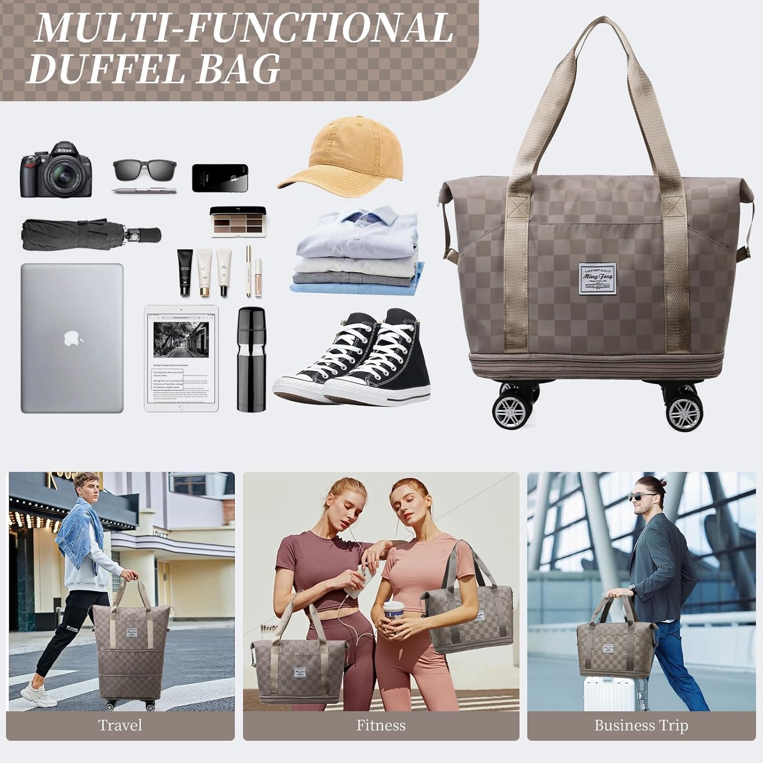 Rolling Duffle Bag with Wheels Expandable Foldable Travel Duffel Bag Checkerboard Carry on Luggage Bag Weekender Bag for Men Women - Image 6