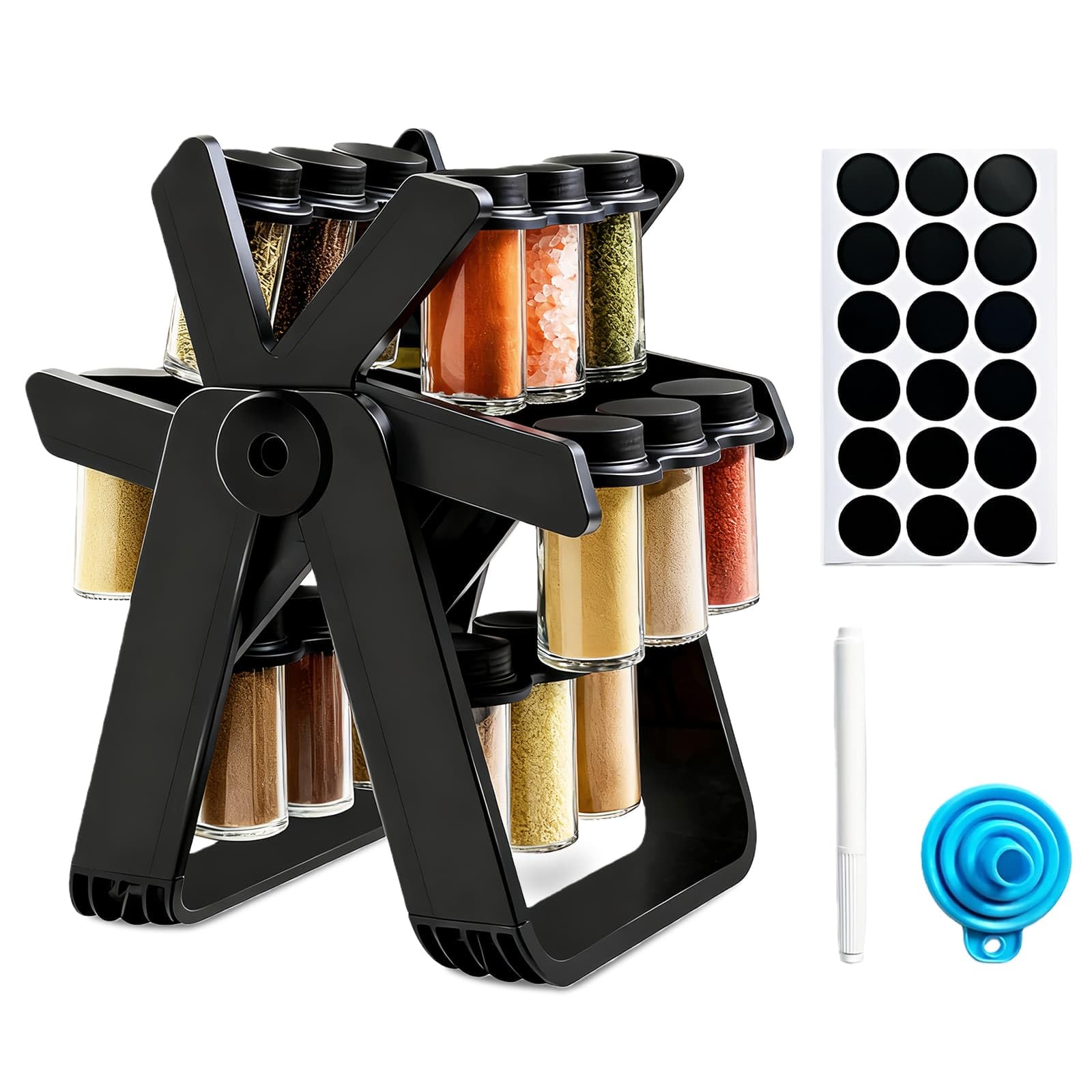 YBLUE Rotating Spice Rack Organizer with 18 Spice Jars, 360°Rotating Ferris Wheel Detachable Spice Rack with Labels and Pen, Funnels for Kitchen Countertops, Cabinets, Gift Set As Organise