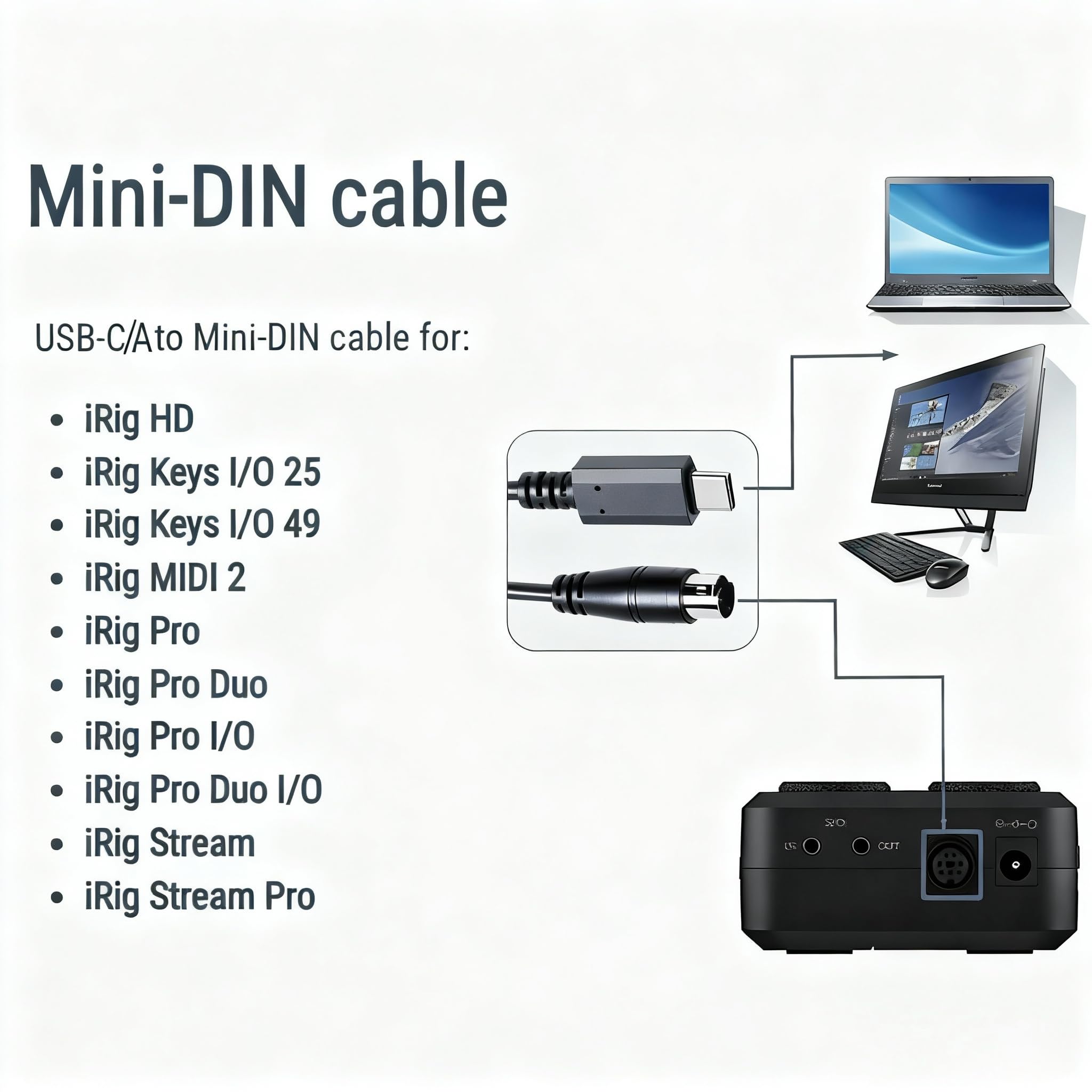 Cavo MIDI da USB-C a Mini-din 7 maschio per IK Multimedia iRig Series, HD, HD-A, tasti, I/O 25/49, MIDI 2 Pro, Pro Duo, Pro I/O Stream, Plug-and-Play, (USB-C, 1,5 m)