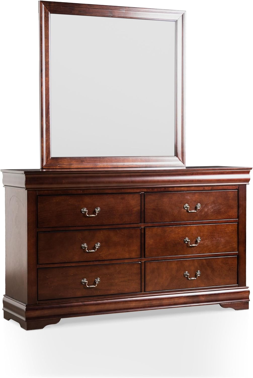 Furniture of America Louis Philippe Traditional Wooden 6 Drawer Dresser with Mirror, Vintage Bedroom Set, Accent Vanity Dressing Table with Antique Nickle Handles, Walk-in Closet, Cherry
