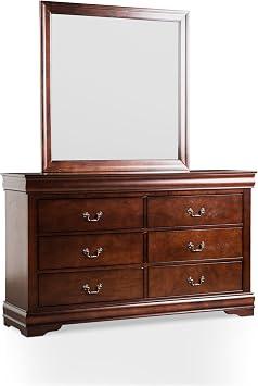 Furniture of America Louis Philippe Traditional Wooden 6 Drawer Dresser with Mirror, Vintage Bedroom Set, Accent Vanity Dressing Table with Antique Nickle Handles, Walk-in Closet, Cherry
