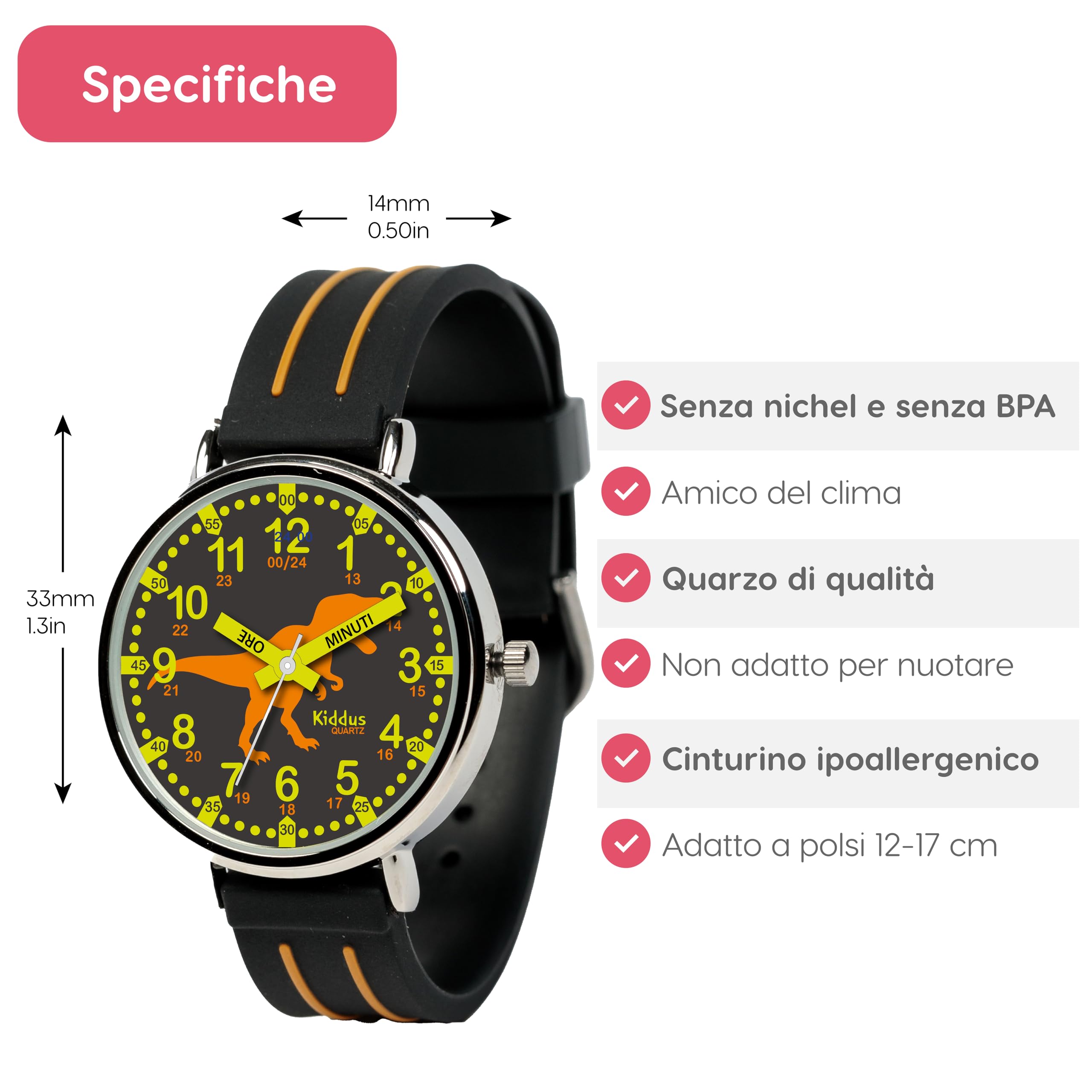 Kiddus Reloj Educativo Infantil para Niño y Niña a Partir de 5 Años, Reloj Analógico para Aprender la Hora, Mecanismo Japonés