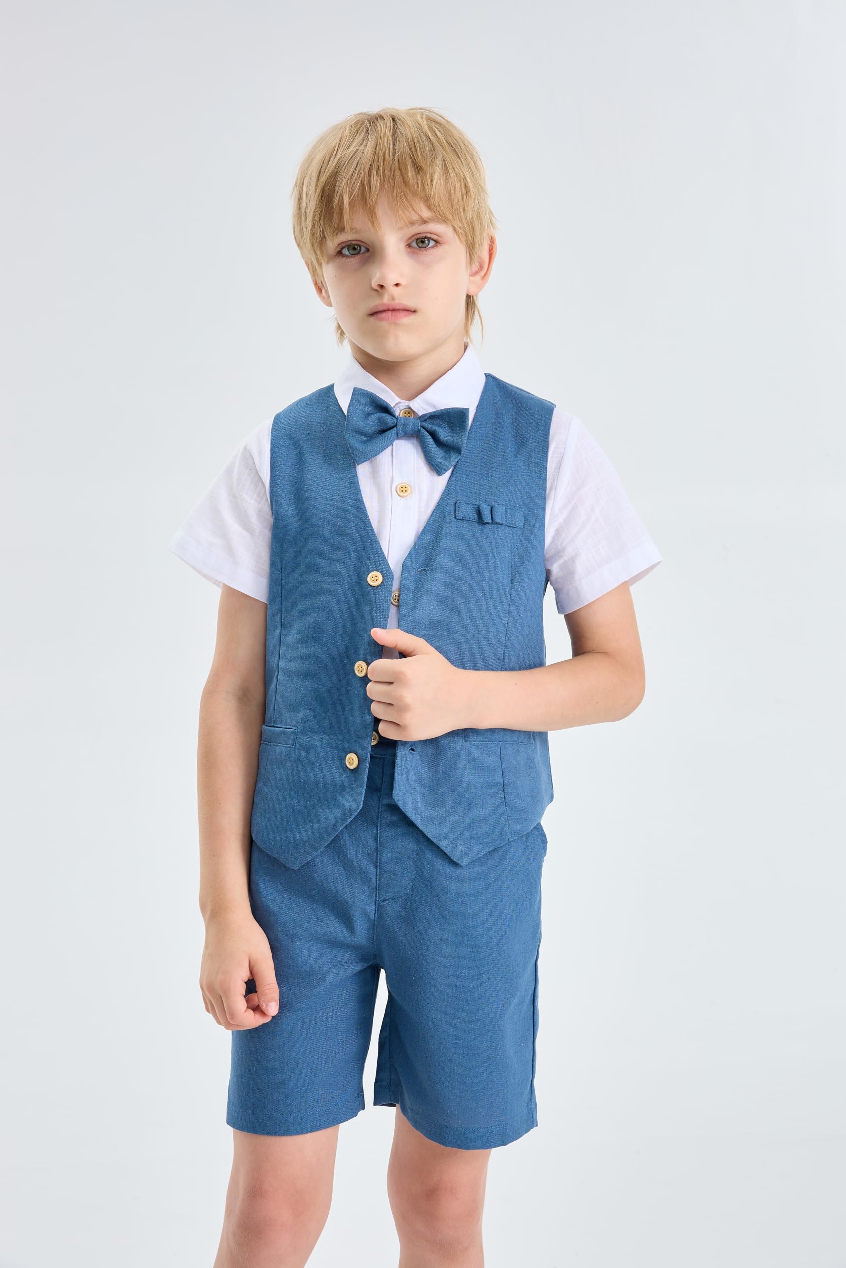 LOLANTA Kinder Leinenanzug Sommer Anzug mit Weste Shorts Set Fliege