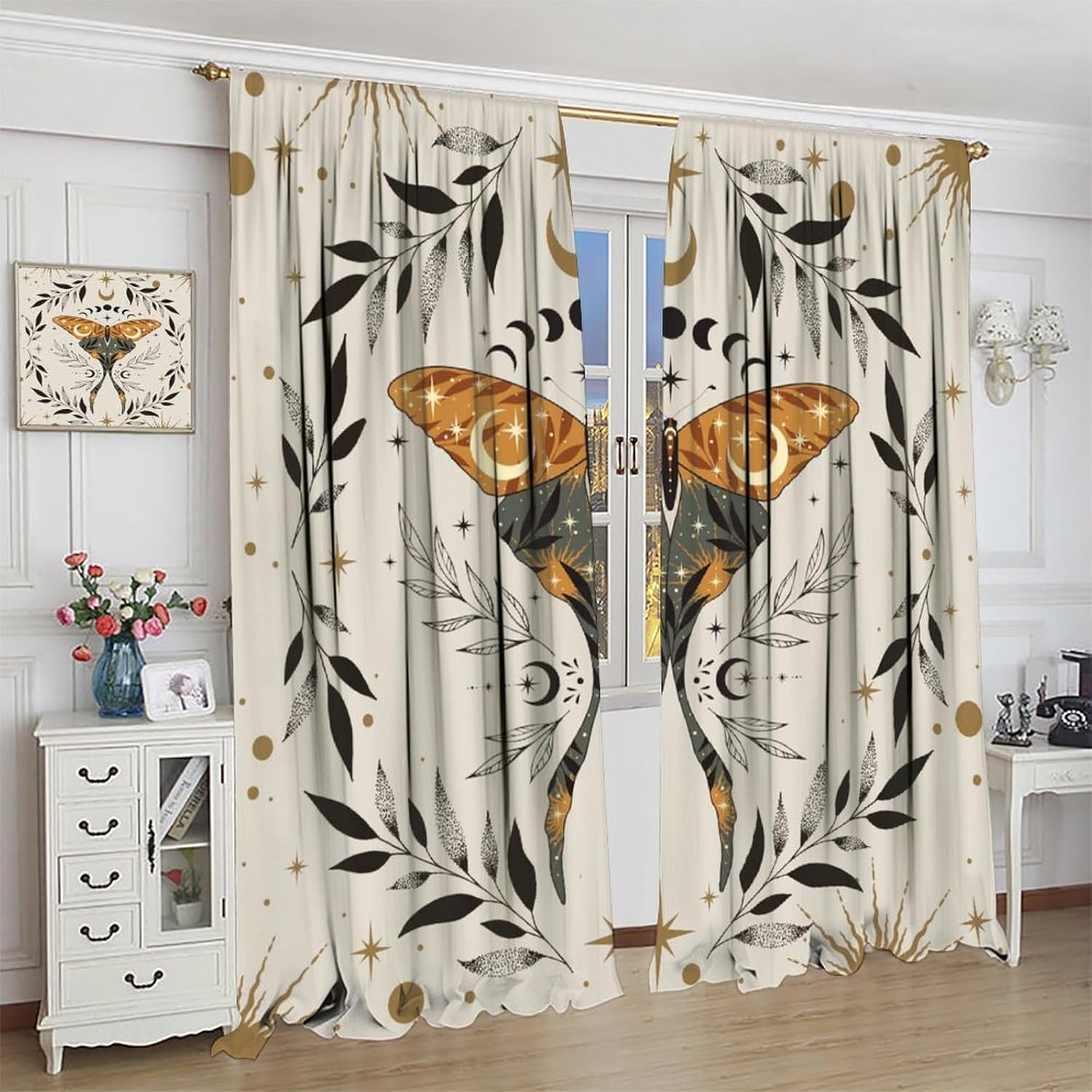 Gothic Moth Blackout Curtains, Mystic Vintage Moon Phase Tarot Leaf Gothic Astrology Window Treatments for Bedroom Living Room Kitchen Home 42" W X 63" L
