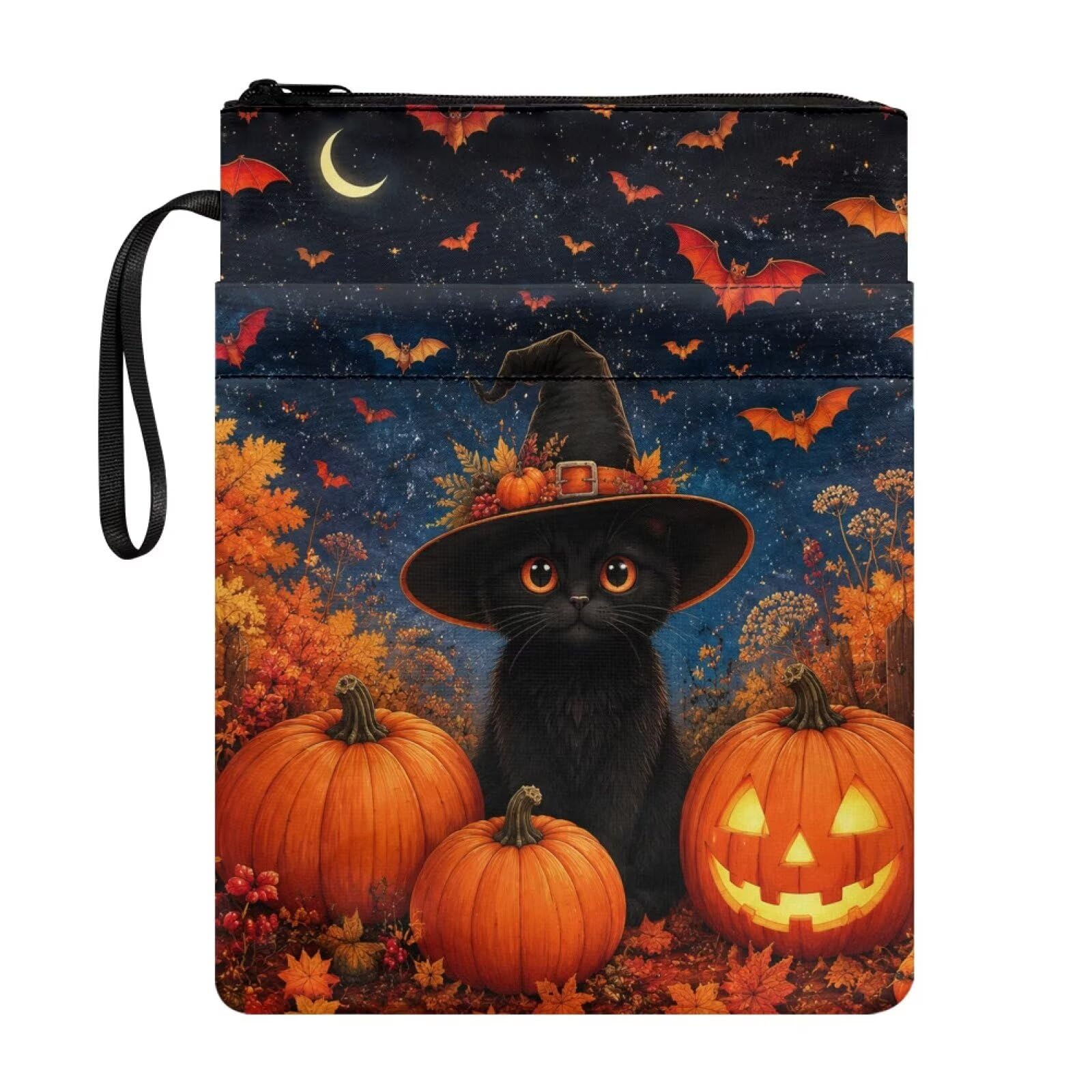 Poceacles Halloween Printed Book Pouch Sleeve with Zipper Washable Fabric Book Covers for Paperbacks Hardcover Notebook Bible Journal Textbooks, Black Cat Wizard Hat Pumpkin Bat Print