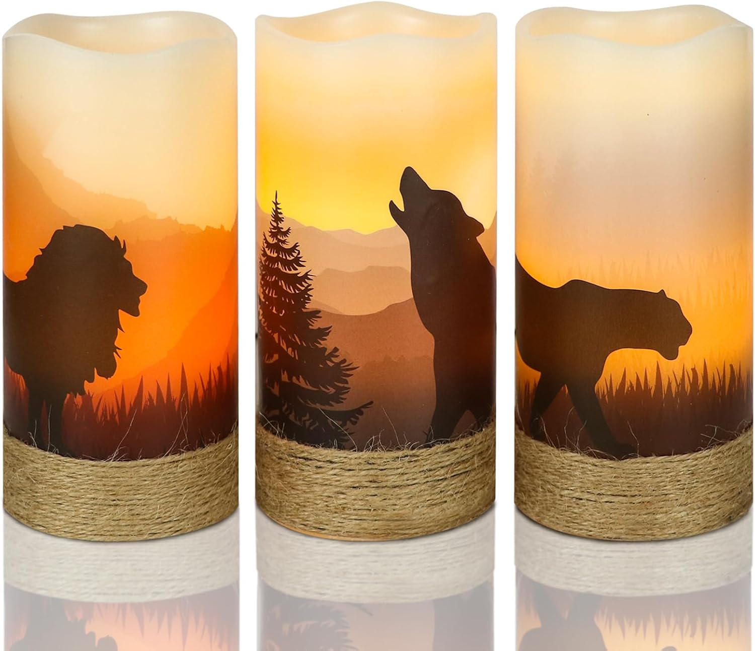 DRomance Flameless Flickering Candles Battery Operated with 6 Hour Timer Hemp Rope Real Wax Flickering LED Pillar Candles Lion Wolf Leopard Decals Dinner Holiday Decor(3 Pack, 3" x 4", 5", 6")