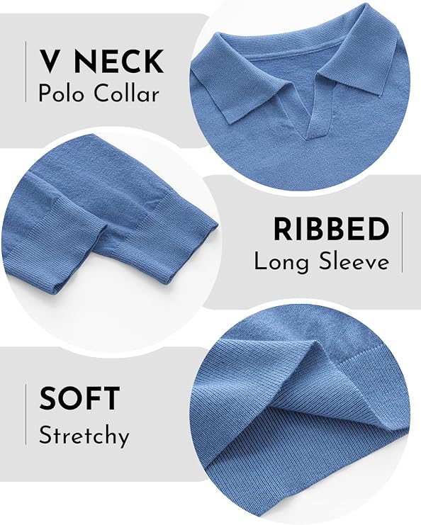 Mens Knit Polo Sweater Long Sleeve V Neck Casual Golf Polo Lightweight Collar Pullover Sweaters