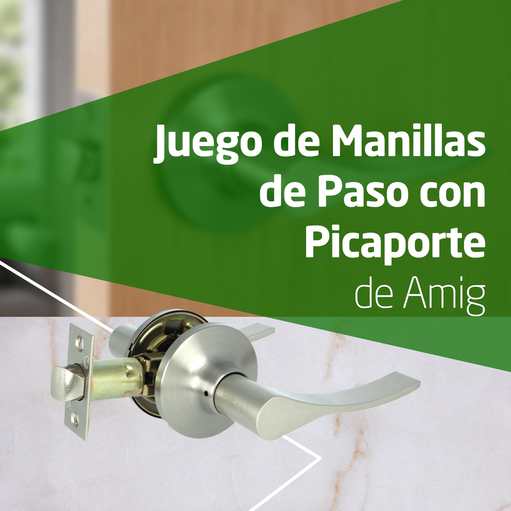 Amig - Juego de Manillas de Paso con Picaporte - Picaporte de Entrada 60/70 mm - para Puertas de madera de 35 a 45 mm - Maneta con Roseta - Regulable y Reversible - Cromado Mate - Zamak - Mod. 711