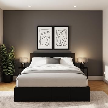 GFW Classic Side Lift Small Double Black Faux Leather Ottoman Bed, Storage Bed with Hydraulic Lift and Stitched Headboard
