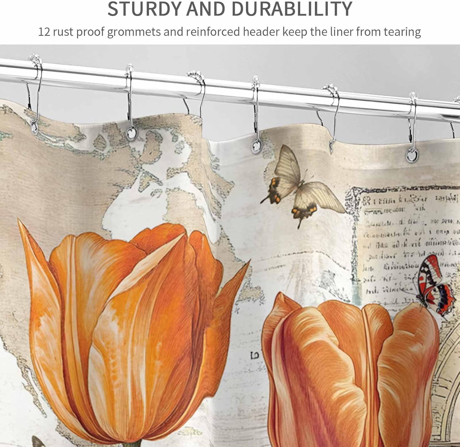 Orange Flower Shower Curtain - Water Repellent Fabric Shower Curtains Washable, Watercolor Retro Tulip Floral Butterfly Decorative Cloth Bathroom Curtains Modern Bath Decor 72"x78"