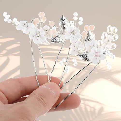 Miniatura 3 de Yolev 3 horquillas para el pelo de novia de flores blancas, perlas, flores plateadas, piezas de pelo de boda, accesorios para el cabello para novias