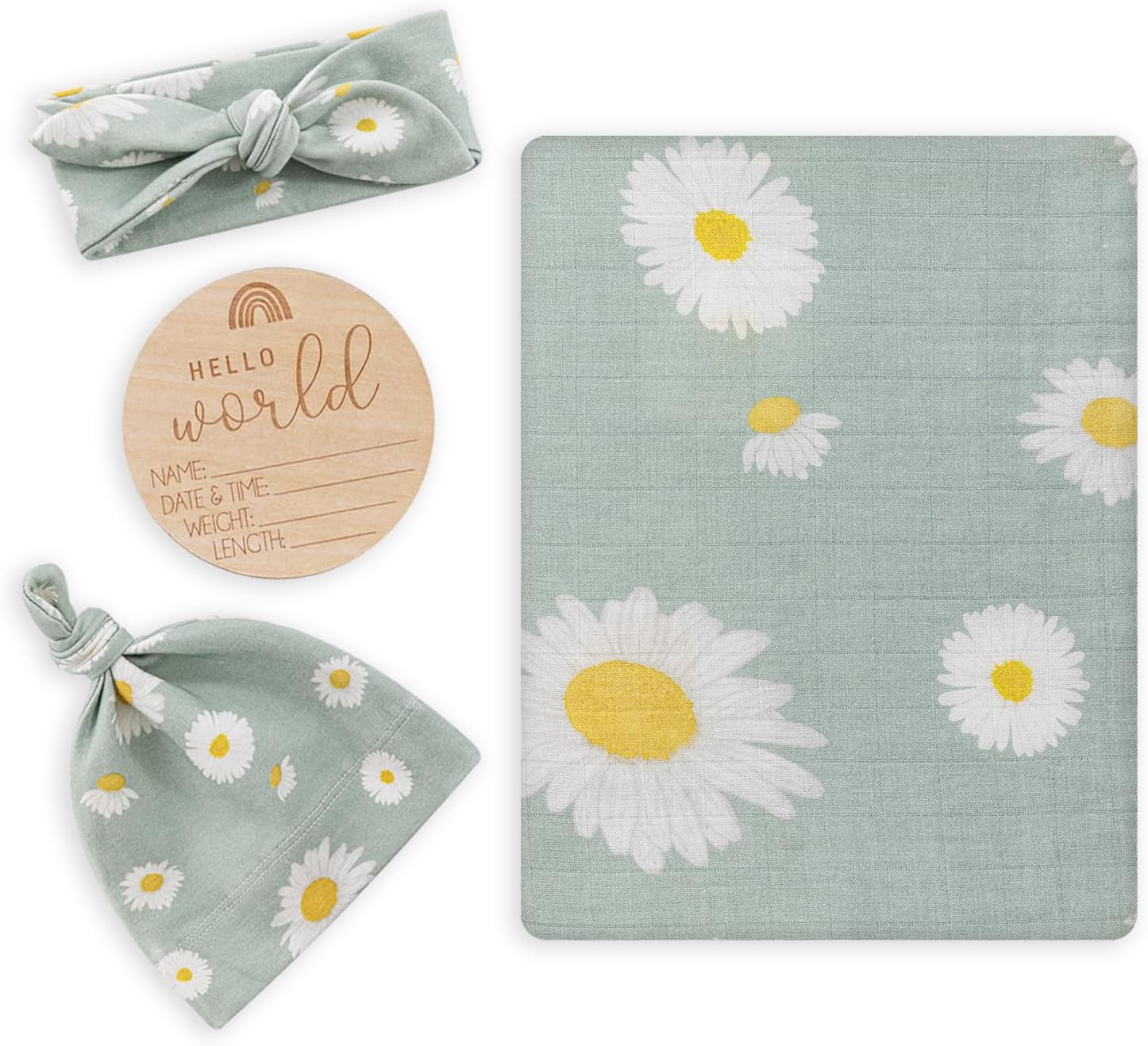 BabyWhale Muslin Swaddle Blanket with Hat and Headband Bow, Daisy Pattern Swaddle Set for Baby Boys & Girls, Soft Receiving Blanket, 47x47 inches, Green