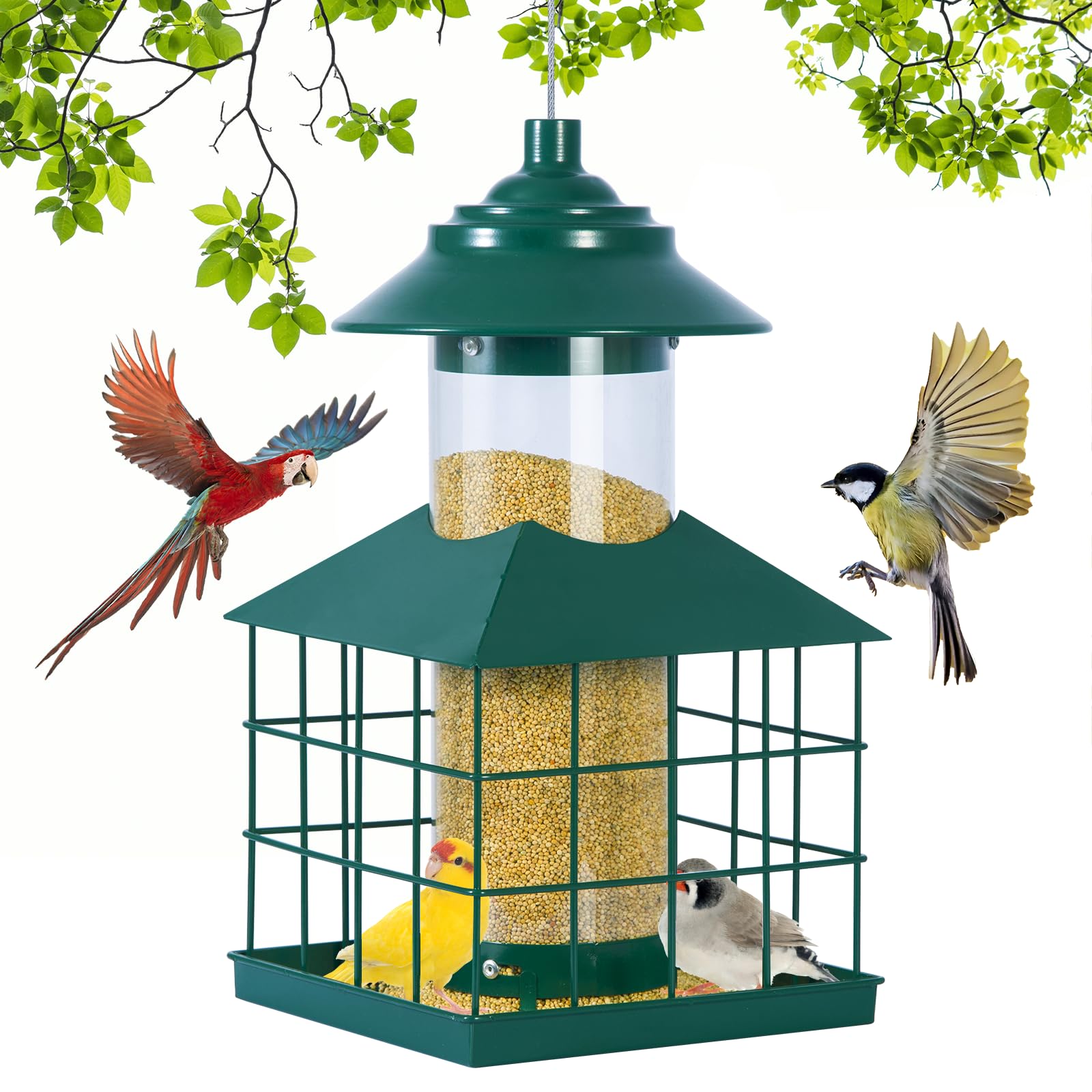 Comedero para pájaros a prueba de ardillas, jaula de metal colgante para exteriores, resistente a la intemperie, comederos para pájaros silvestres con pinzón cardenal, gran capacidad de 3.3