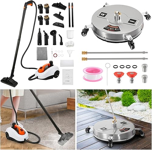 WICHEMI Máquina de limpieza de vapor multiusos de alta temperatura de 1800 W + limpiador de superficies de lavado a presión de 18 pulgadas con 4